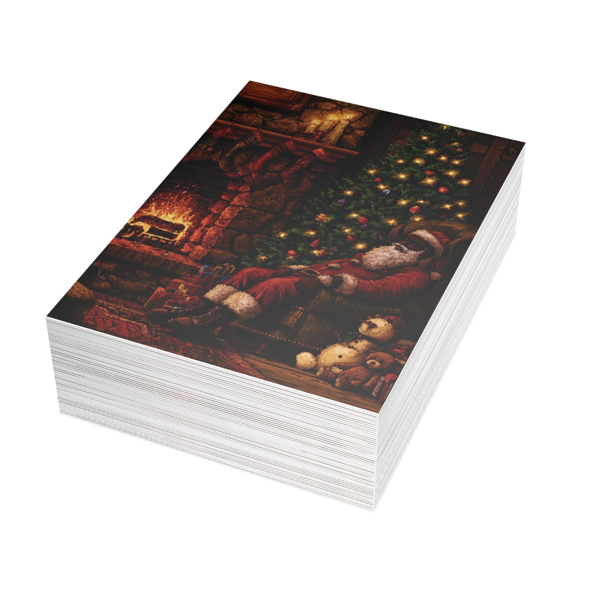 A stack of Christmas greeting cards featuring a cozy Christmas scene with a Black Santa Claus, a lit fireplace, a decorated tree, and teddy bears, photographed on a clean white background.  Qty 50.
