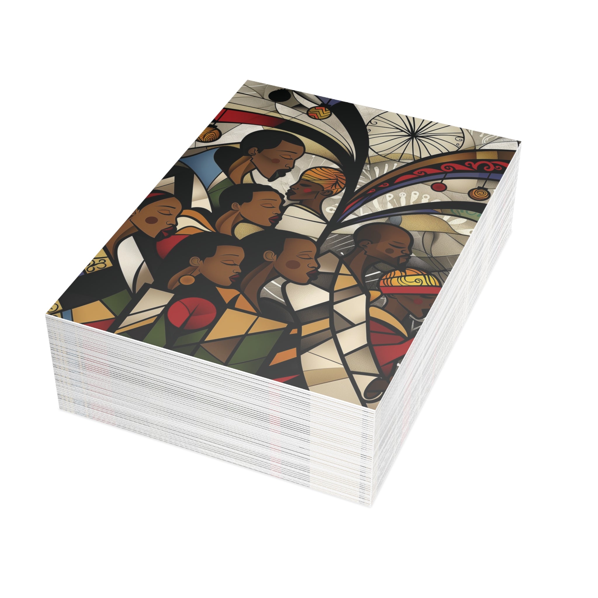 Stack of African American Christmas cards featuring a joyful Black choir in an artistic stained glass-inspired design. Qty 50.