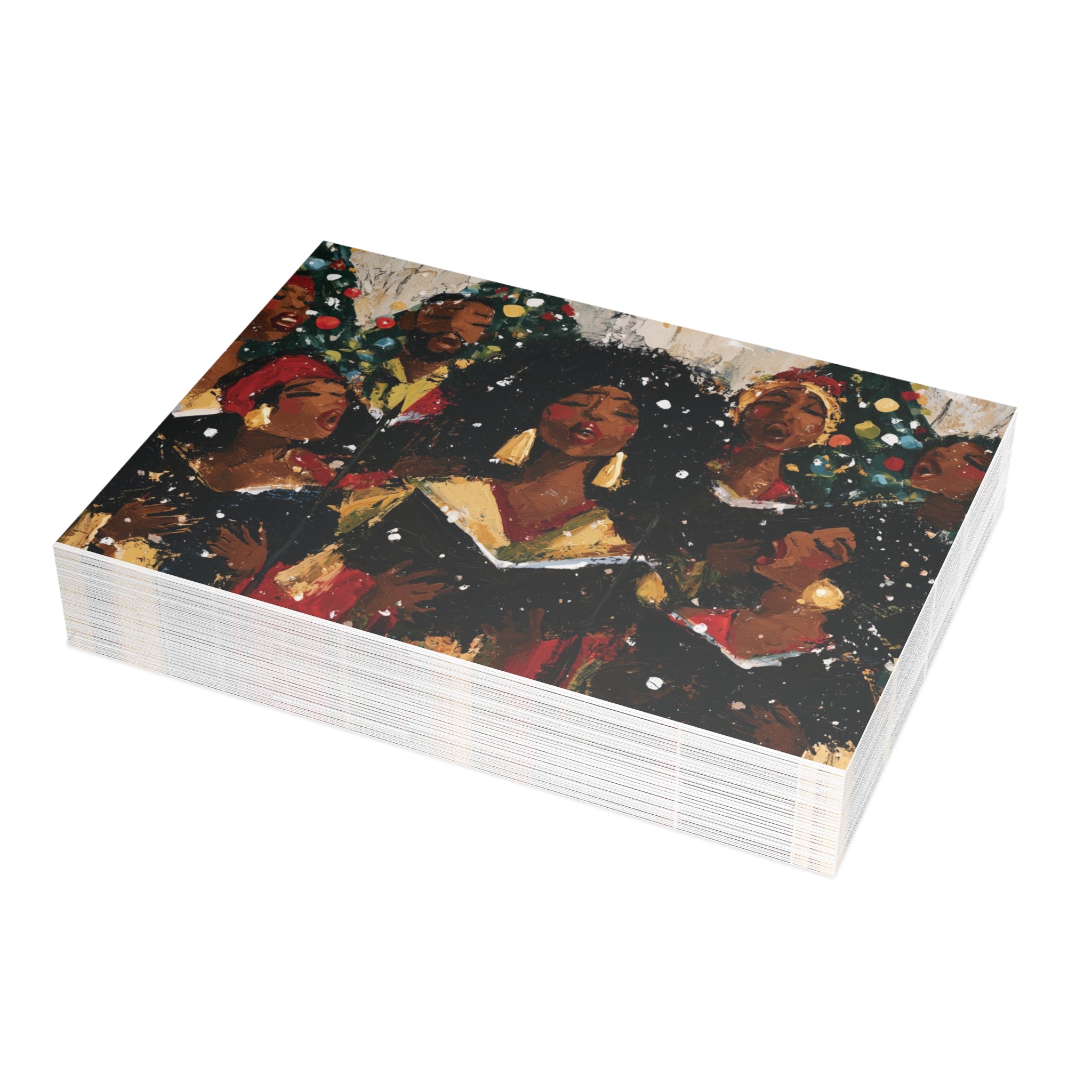 A stack of Afrocentric holiday greeting card featuring a Black choir in black robes, against a white background.  Qty 30 holiday greeting cards.