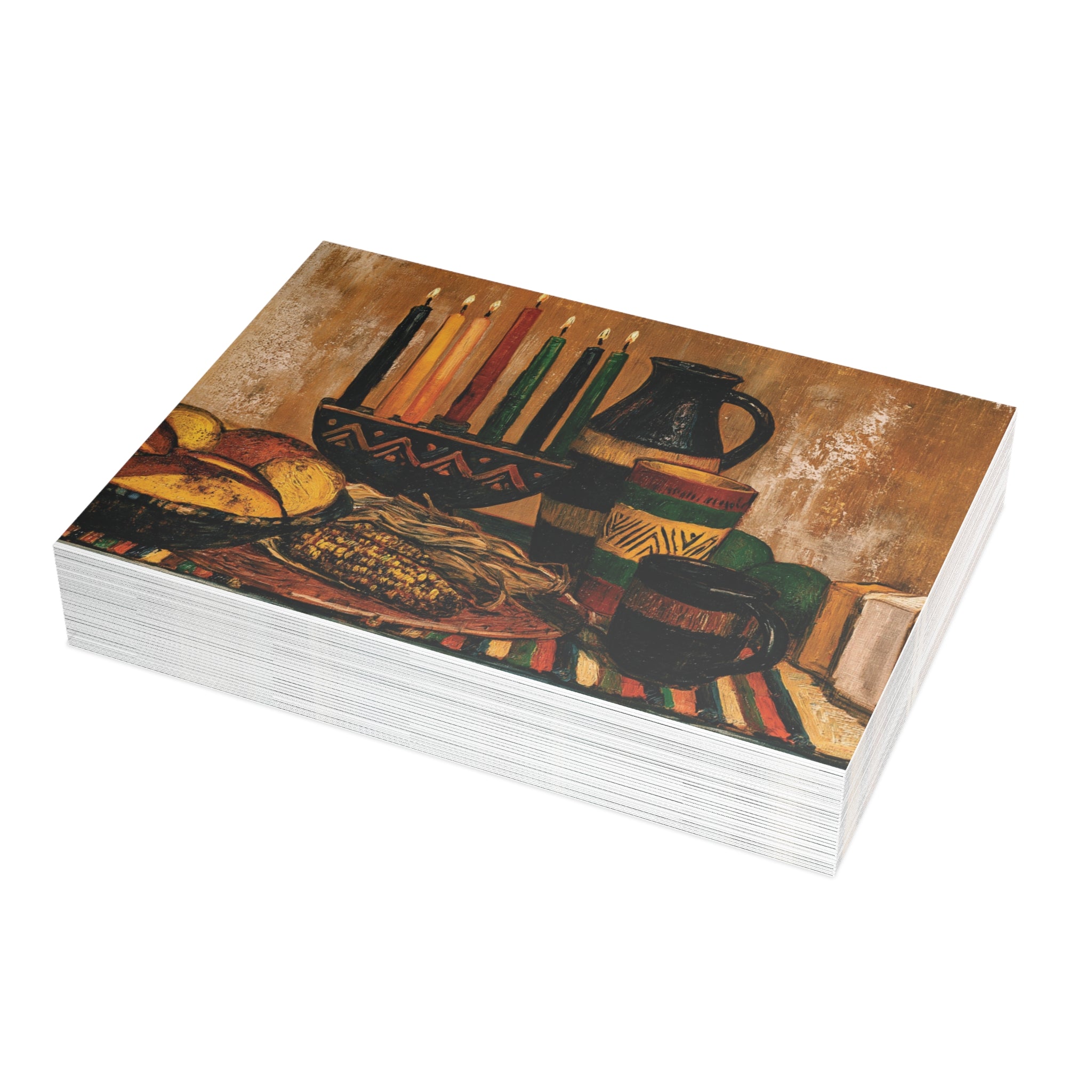 A stack of Afrocentric Kwanzaa holiday greeting cards celebrating Black heritage, African American culture, family, unity, community, and the Seven Principles of Kwanzaa, placed against a white background. Qty 30