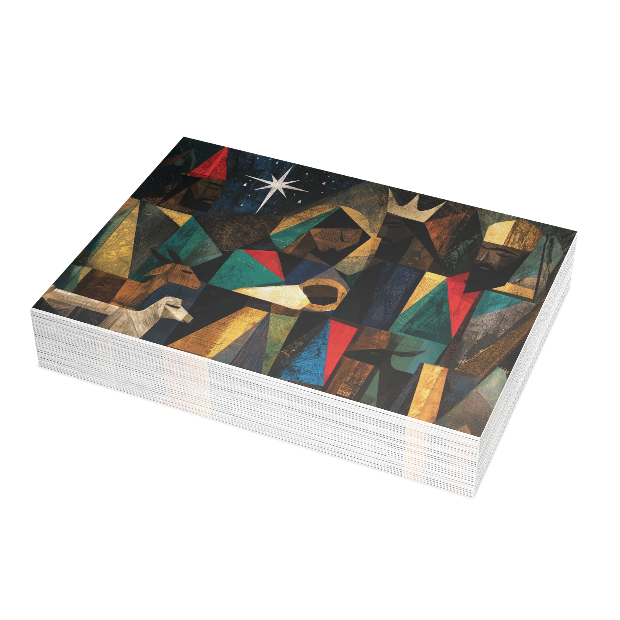 A stack of Christmas greeting cards featuring a colorful, stylized nativity scene with Black Baby Jesus, Mary, Joseph, Wise men and barn animals with a bright star in the night sky. Qty 30