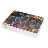 A stack of Christmas greeting cards featuring a colorful, stylized nativity scene with Black Jesus, Mary, Joseph, Wise men and barn animals with a bright star in the night sky. Qty 30