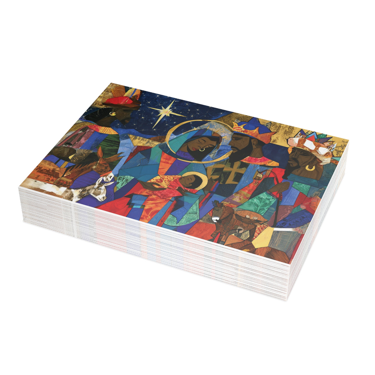 A stack of Christmas greeting cards featuring a colorful, stylized nativity scene with Black Jesus, Mary, Joseph, Wise men and barn animals with a bright star in the night sky. Qty 30