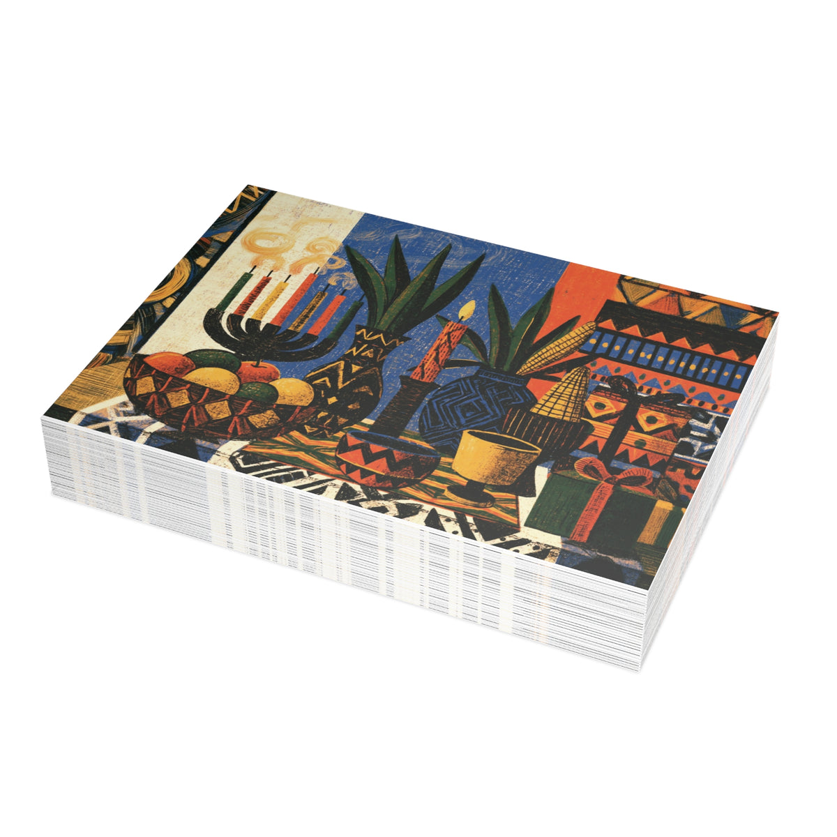 A stack of Afrocentric Kwanzaa holiday greeting cards celebrating Black heritage, African American culture, family, unity, community, and the Seven Principles of Kwanzaa, placed against a white background. Qty 30