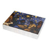 A stack of Christmas greeting cards featuring a colorful, stylized nativity scene with Black Baby Jesus, Mary, Joseph, Wise men and barn animals with a bright star in the night sky. Qty 30