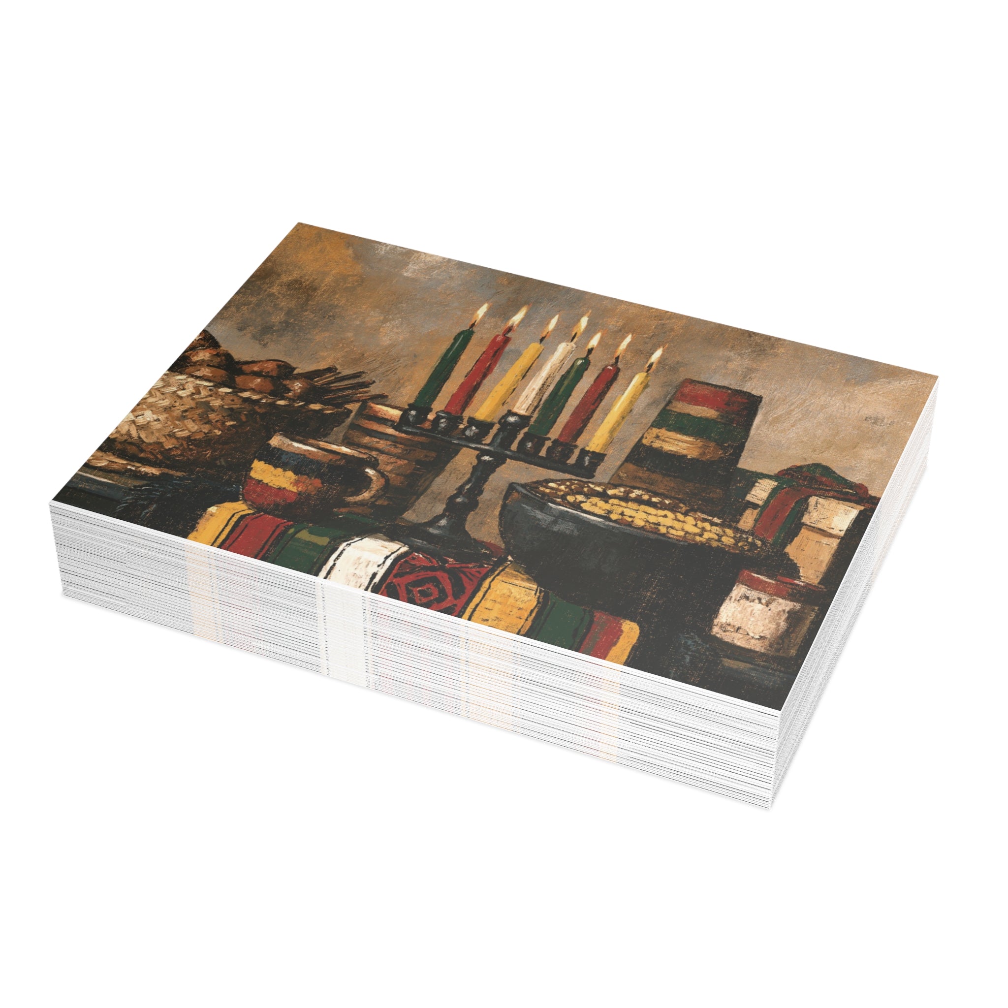 A stack of Afrocentric Kwanzaa holiday greeting cards celebrating Black heritage, African American culture, family, unity, community, and the Seven Principles of Kwanzaa, placed against a white background. Qty 30