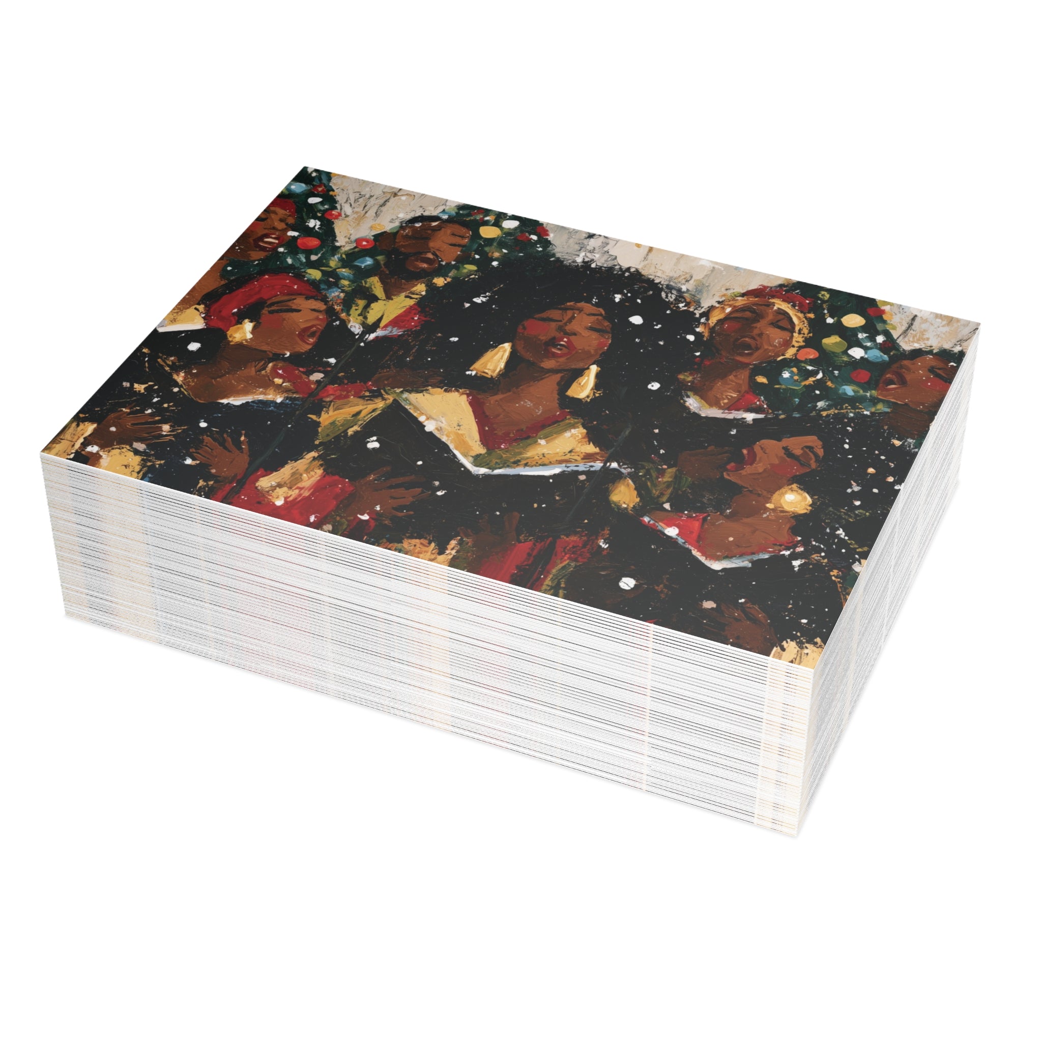 A stack of Afrocentric holiday greeting card featuring a Black choir in black robes, against a white background.  Qty 50 holiday greeting cards.