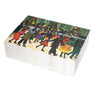 Stack of Christmas greeting cards featuring a textured, folk-art style illustration of Black people ice skating at the Rockefeller Center in New York City in the snow around Christmas trees, shown standing upright on a white background.  Qty 50.