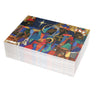 A stack of Christmas greeting cards featuring a colorful, stylized nativity scene with Black Jesus, Mary, Joseph, Wise men and barn animals with a bright star in the night sky. Qty 50