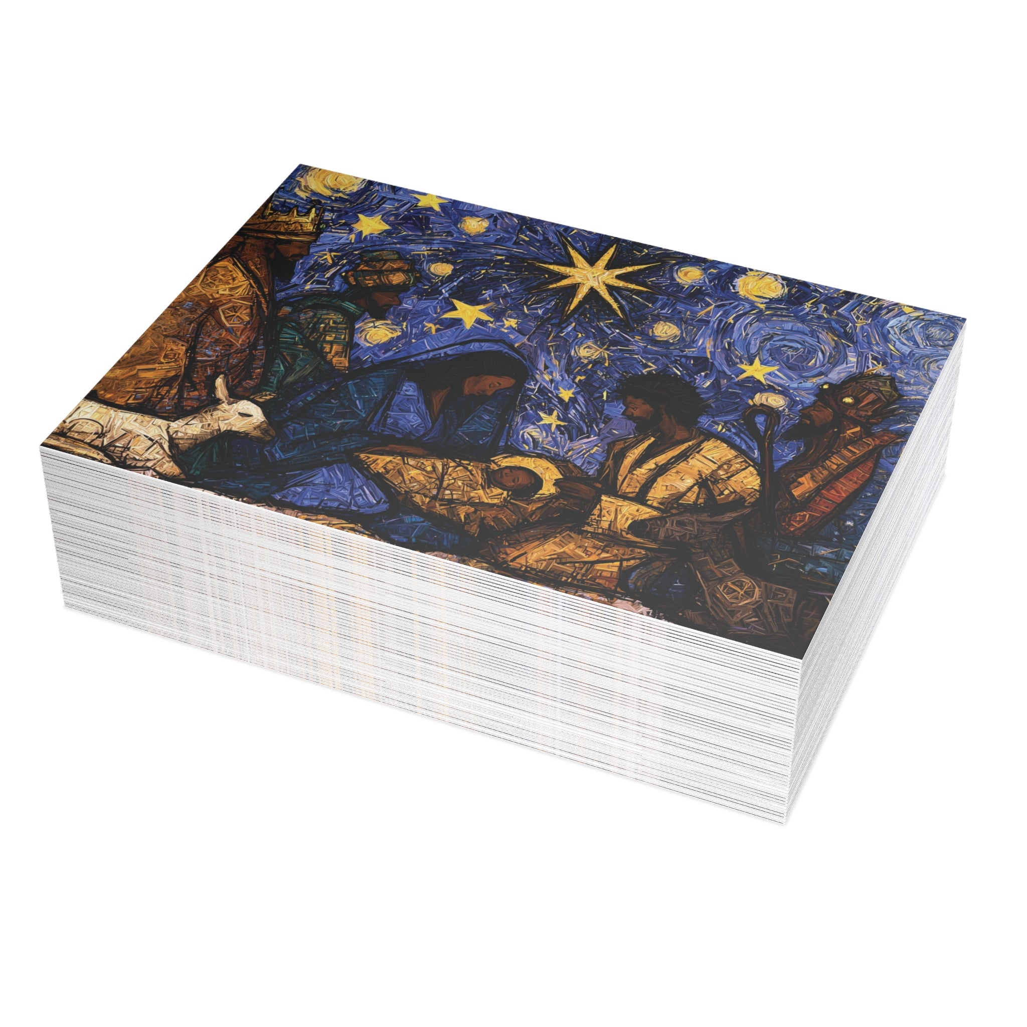 A stack of Christmas greeting cards featuring a colorful, stylized nativity scene with Black Baby Jesus, Mary, Joseph, Wise men and barn animals with a bright star in the night sky. Qty 50