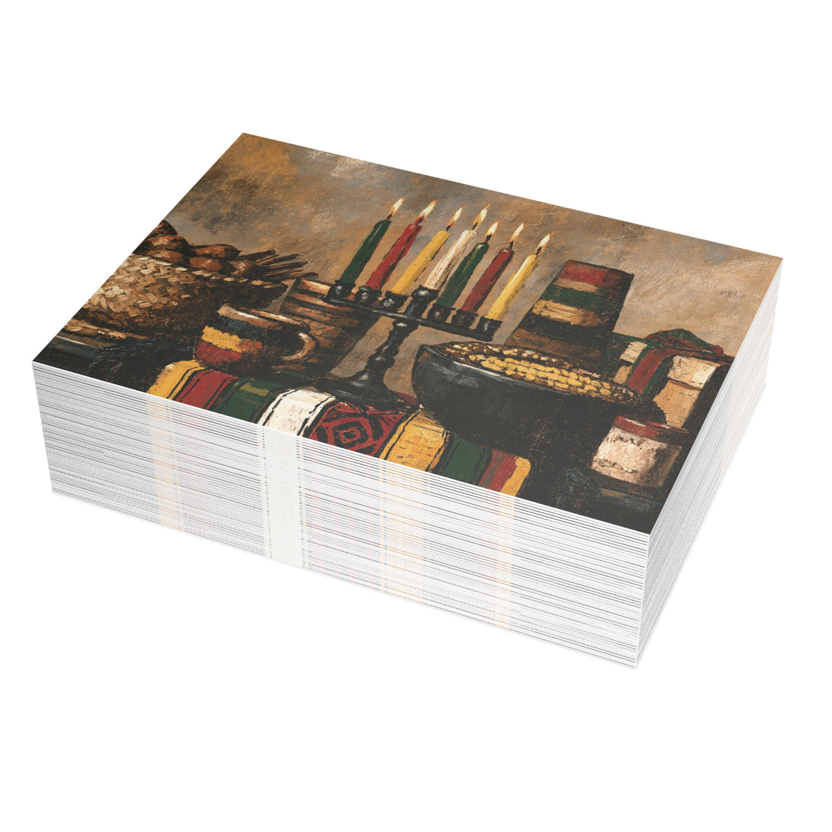 A stack of Afrocentric Kwanzaa holiday greeting cards celebrating Black heritage, African American culture, family, unity, community, and the Seven Principles of Kwanzaa, placed against a white background. Qty 50