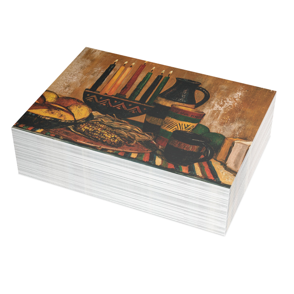 A stack of Afrocentric Kwanzaa holiday greeting cards celebrating Black heritage, African American culture, family, unity, community, and the Seven Principles of Kwanzaa, placed against a white background. Qty 50