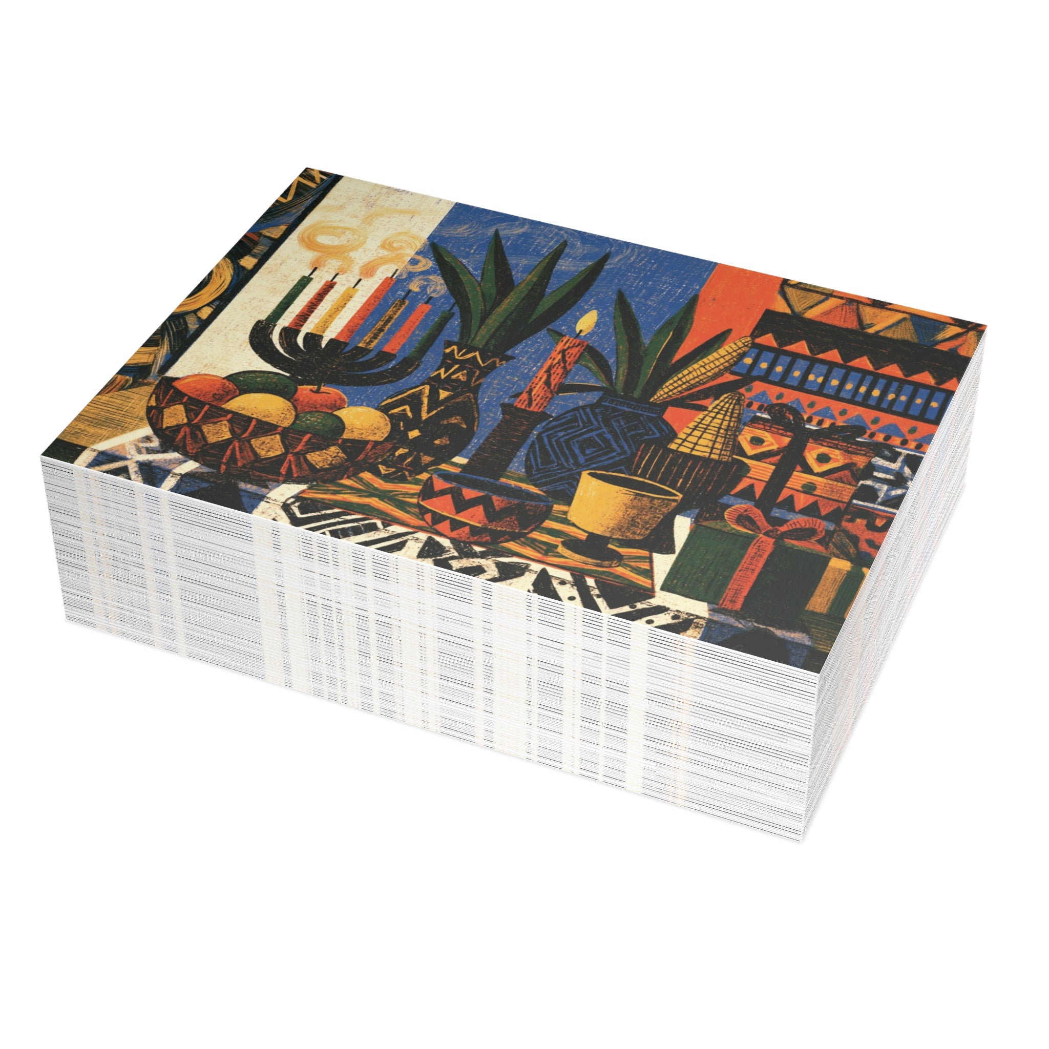 A stack of Afrocentric Kwanzaa holiday greeting cards celebrating Black heritage, African American culture, family, unity, community, and the Seven Principles of Kwanzaa, placed against a white background. Qty 50