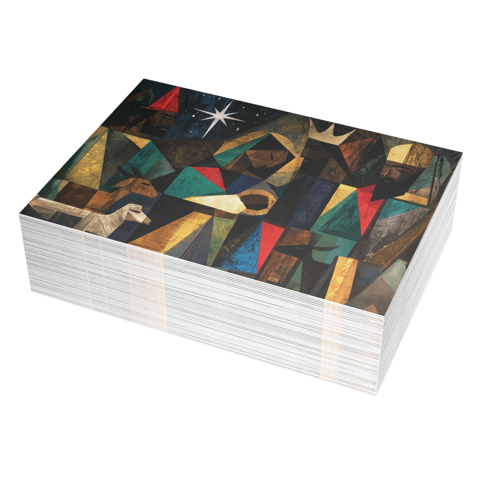 A stack of Christmas greeting cards featuring a colorful, stylized nativity scene with Black Baby Jesus, Mary, Joseph, Wise men and barn animals with a bright star in the night sky. Qty 50