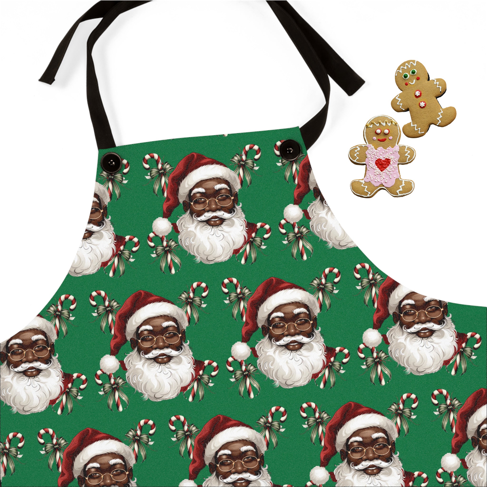Black Santa Chef Apron featuring African American Santa Claus with candy canes, festive holiday kitchen apron perfect for Christmas cooking, baking, and family dinners.