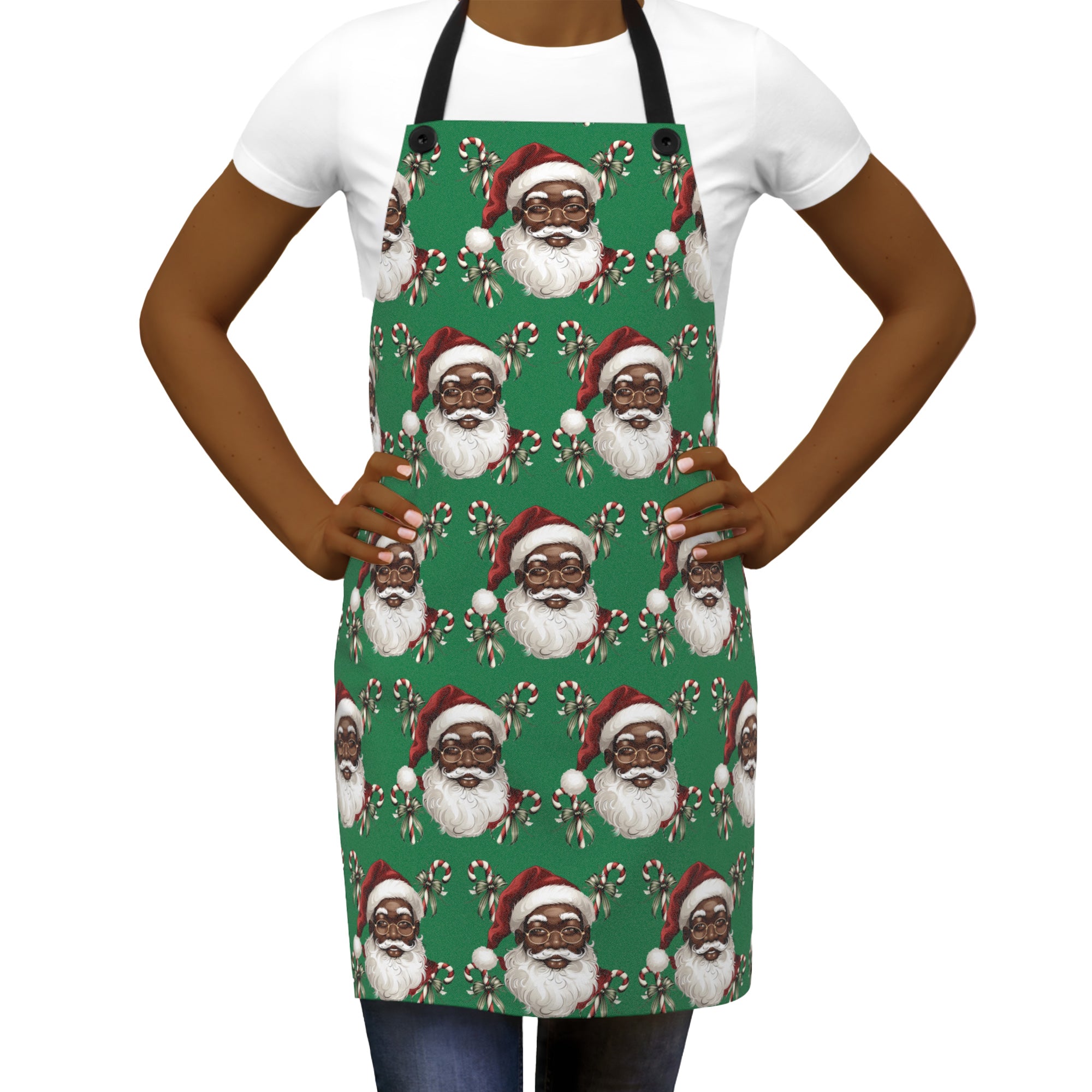Black Santa Chef Apron featuring African American Santa Claus with candy canes, festive holiday kitchen apron perfect for Christmas cooking, baking, and family dinners.