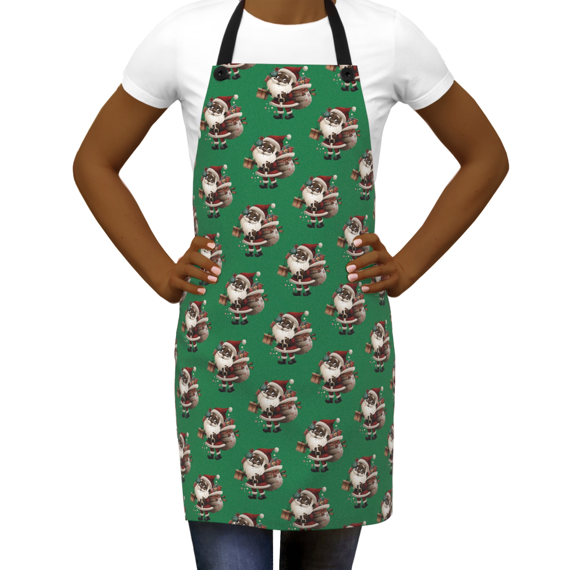 Black Santa Kitchen Apron featuring African American Santa Claus carrying a bag full of Christmas gifts.  Festive holiday kitchen apron perfect for Christmas cooking, baking, and family dinners.