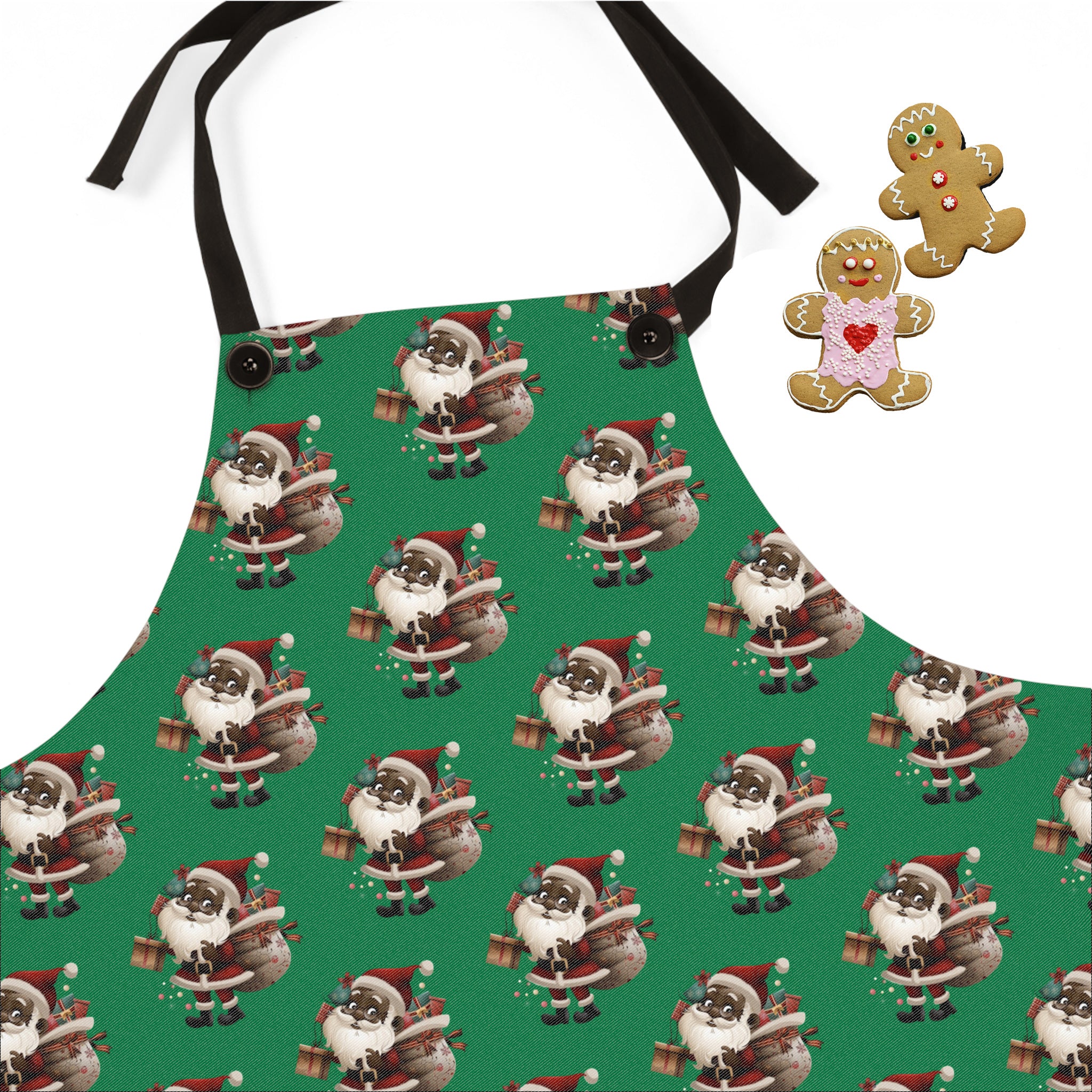 Black Santa Kitchen Apron featuring African American Santa Claus carrying a bag full of Christmas gifts.  Festive holiday kitchen apron perfect for Christmas cooking, baking, and family dinners.