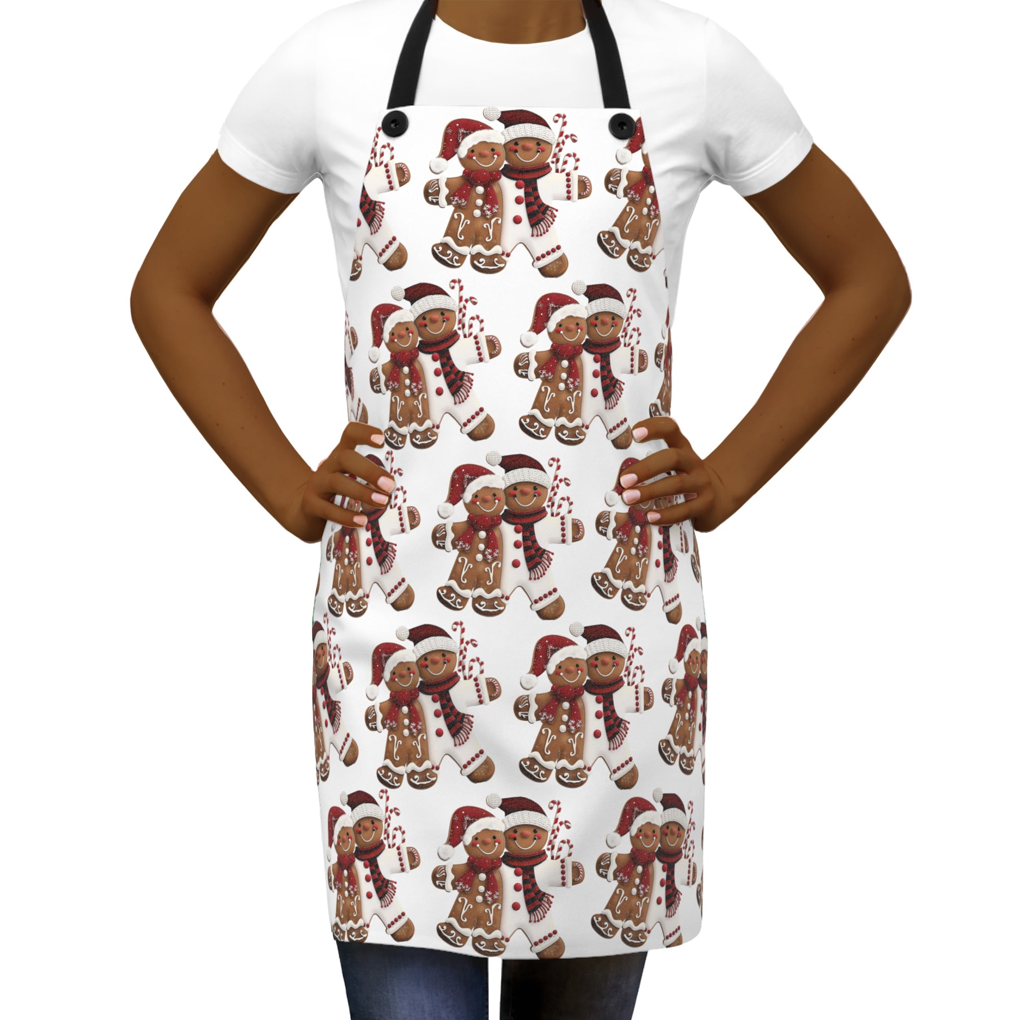 Gingerbread Cookie Kitchen Apron featuring a festive gingerbread couple design, holiday baking apron for Christmas cooking, baking, and entertaining.