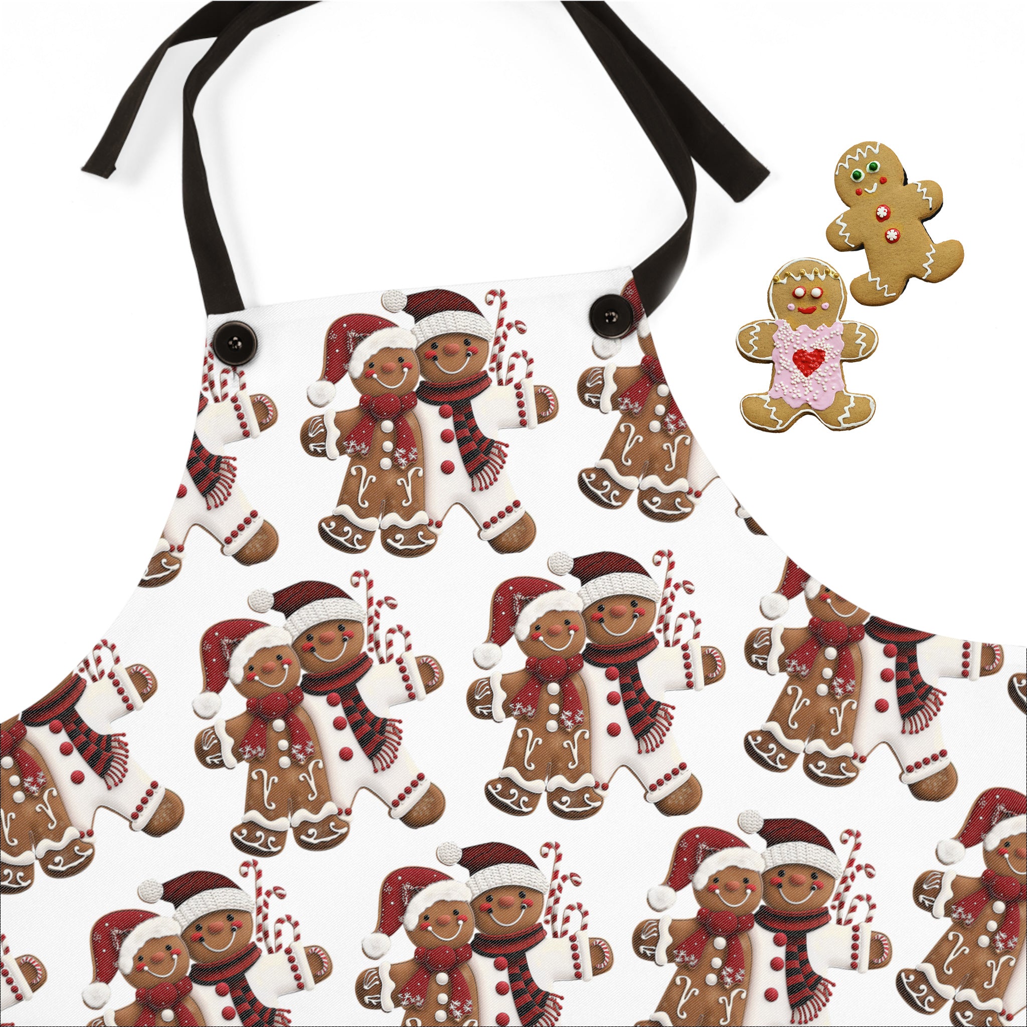 Gingerbread Cookie Kitchen Apron featuring a festive gingerbread couple design, holiday baking apron for Christmas cooking, baking, and entertaining.