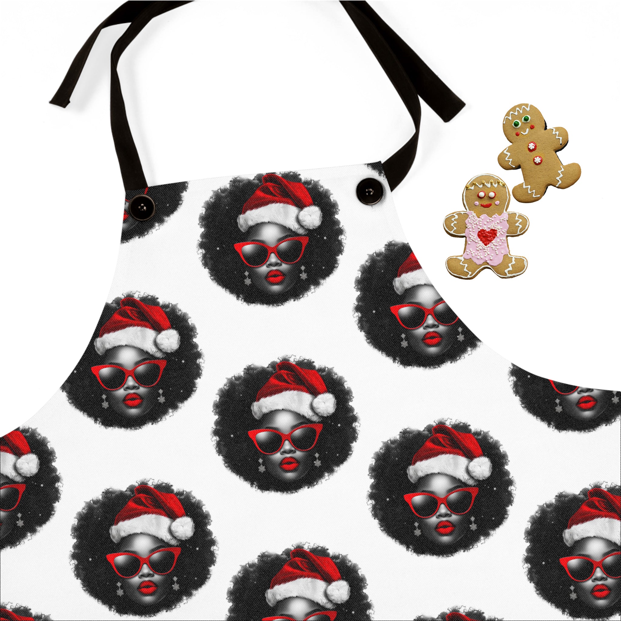 Mrs. Black Santa Christmas Apron featuring African American Mrs. Claus with red eyeglasses and red lipstick, festive holiday kitchen apron for Christmas cooking and baking.