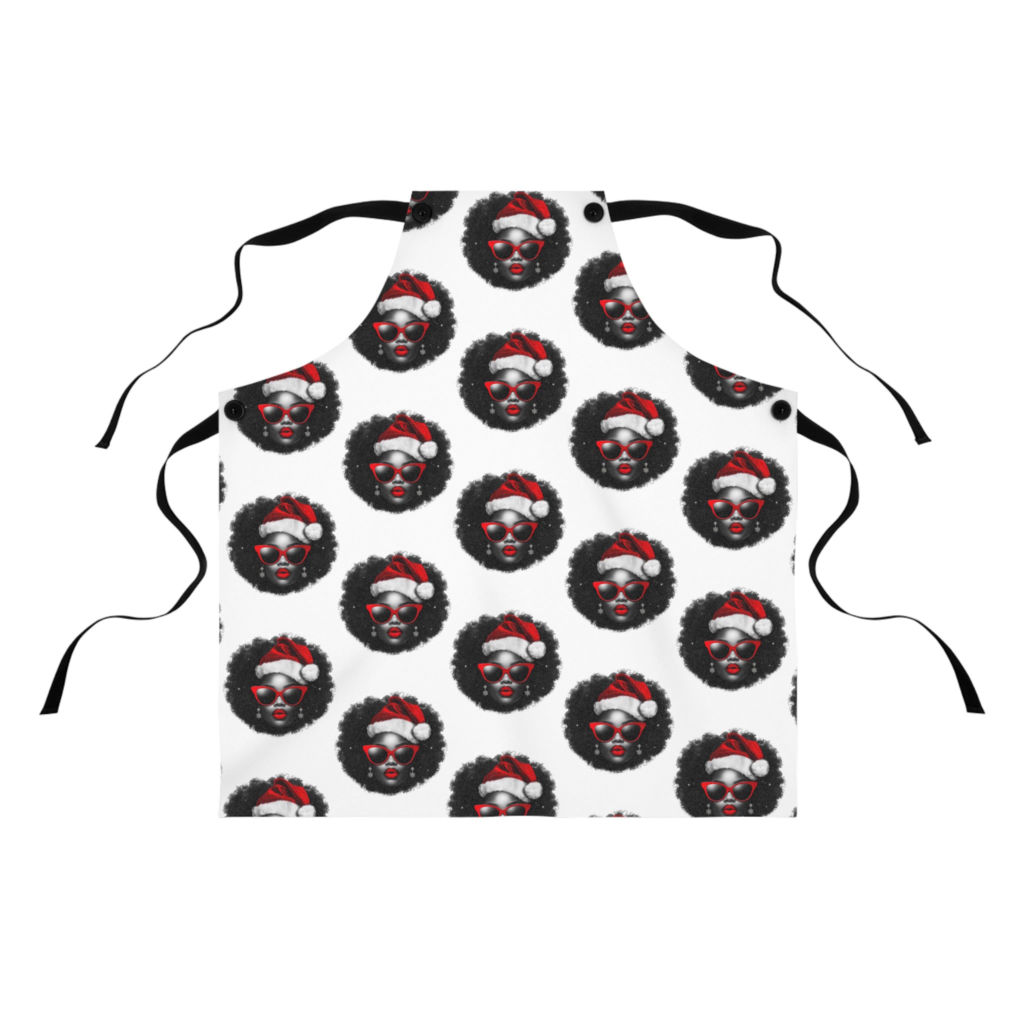 Mrs. Black Santa Christmas Apron featuring African American Mrs. Claus with red eyeglasses and red lipstick, festive holiday kitchen apron for Christmas cooking and baking.