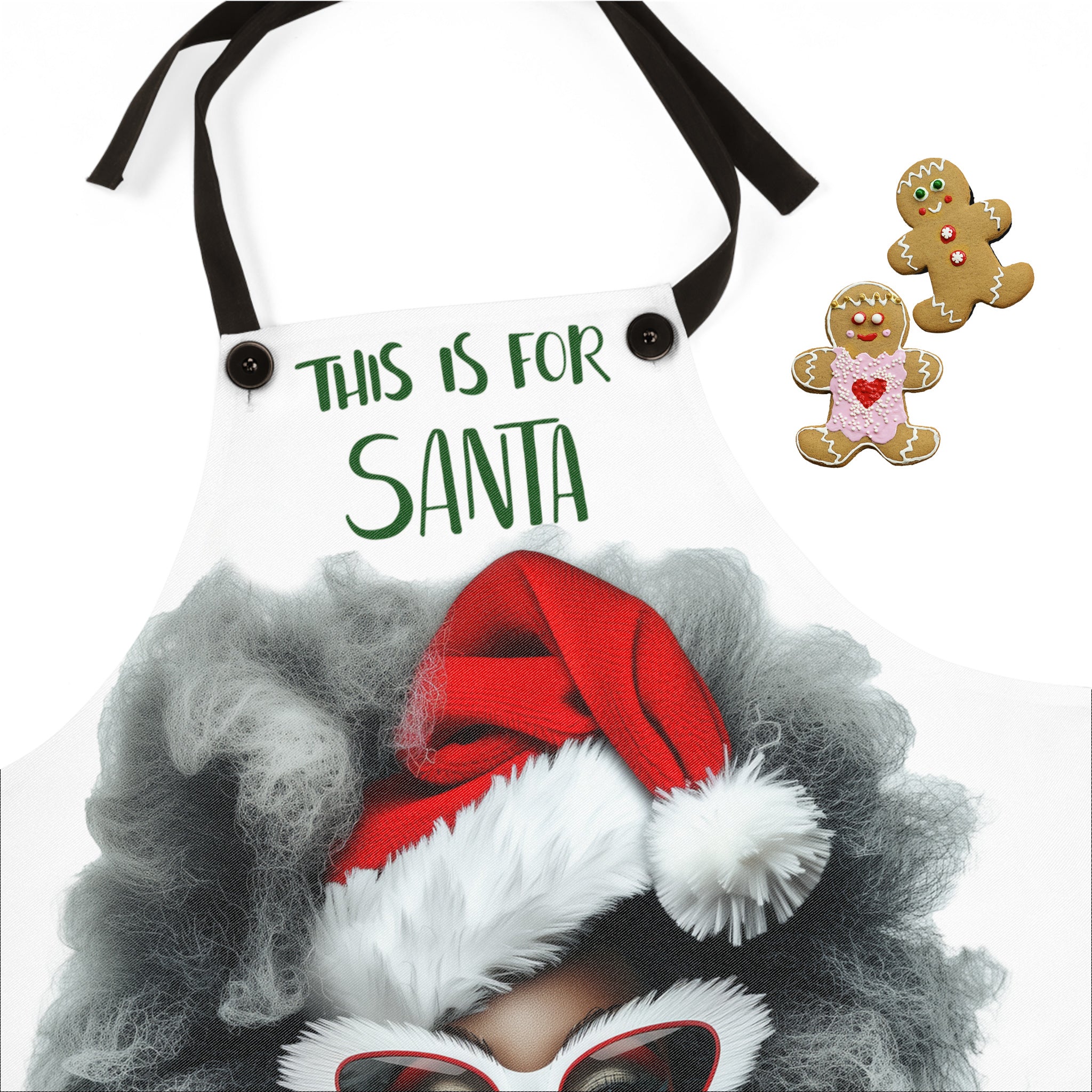 Mrs. Black Santa Christmas Apron featuring African American Mrs. Claus design with red eyeglasses and red lipstick, festive holiday kitchen apron perfect for Christmas cooking, baking, and entertaining.