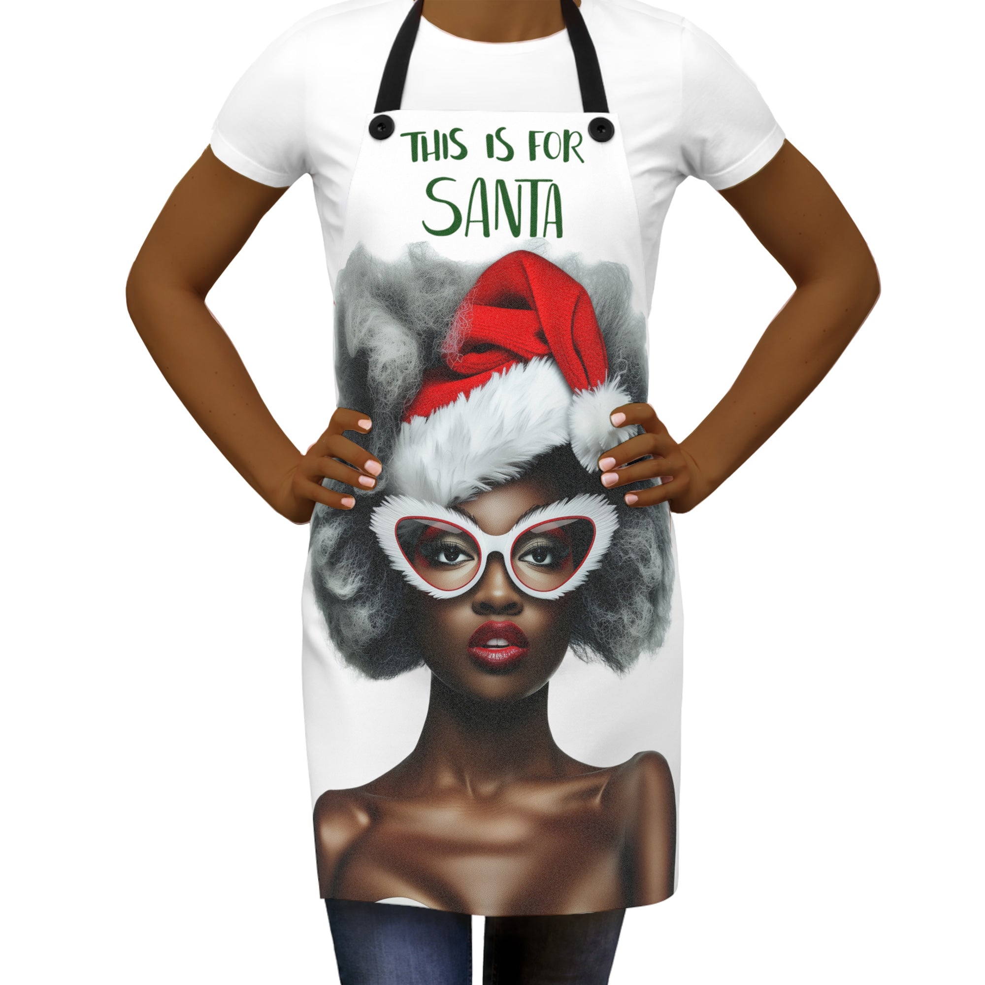 Mrs. Black Santa Christmas Apron featuring African American Mrs. Claus design with red eyeglasses and red lipstick, festive holiday kitchen apron perfect for Christmas cooking, baking, and entertaining.