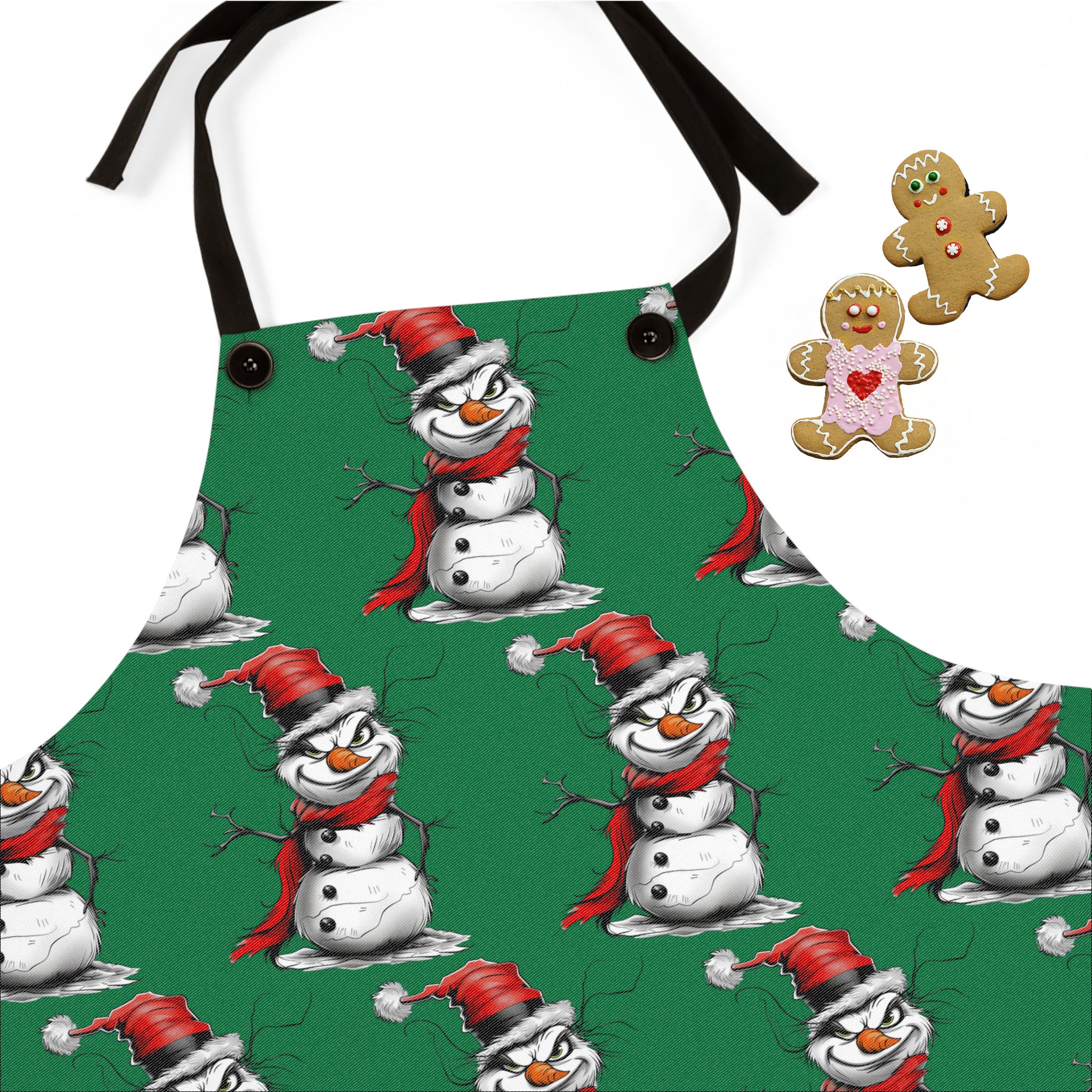 Snowman Grinch Apron with festive holiday snowman design, perfect for Christmas cooking, family dinners, and winter party celebrations.