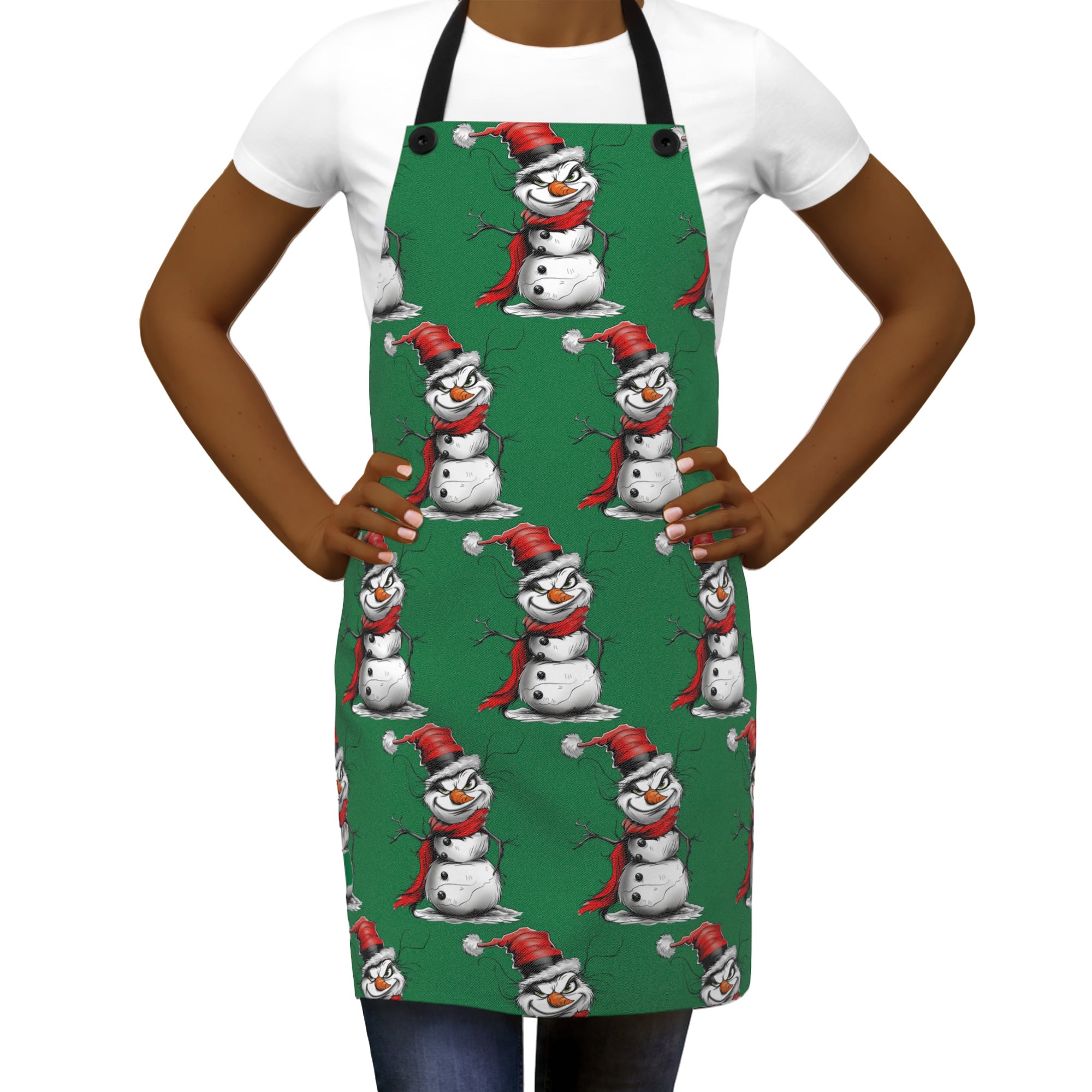 Snowman Grinch Apron with festive holiday snowman design, perfect for Christmas cooking, family dinners, and winter party celebrations.