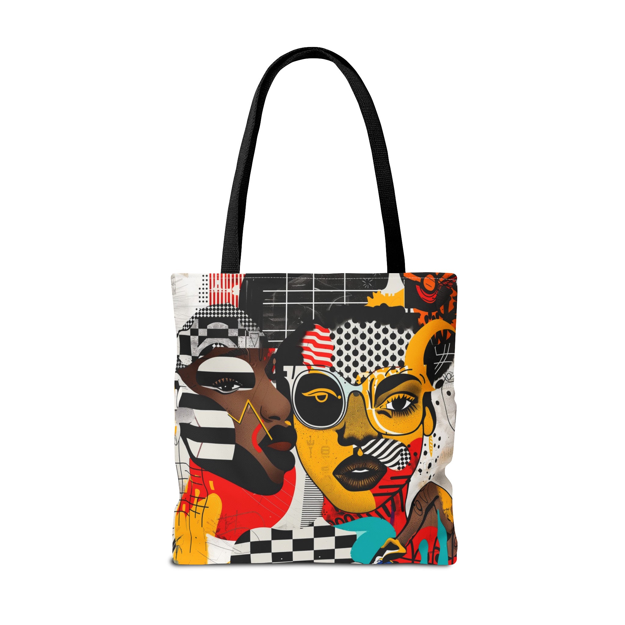 Soul Sisters abstract shower curtain featuring a modern pop art collage of two Black women celebrating sisterhood, Afrocentric style, and bold contemporary bathroom décor.