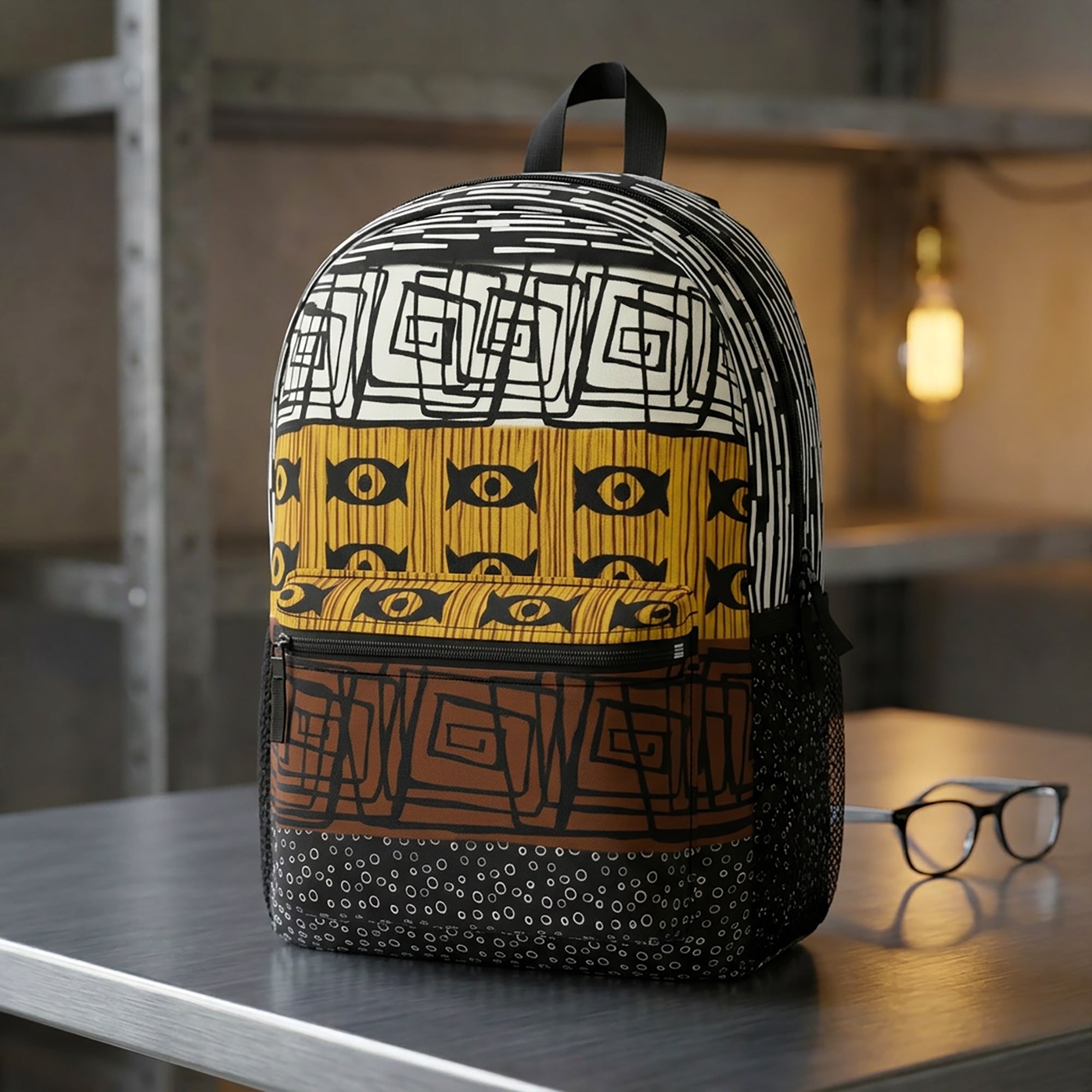 African Mud Cloth Backpack featuring traditional Bogolan tribal patterns. Stylish Afrocentric laptop and travel backpack inspired by authentic African heritage.