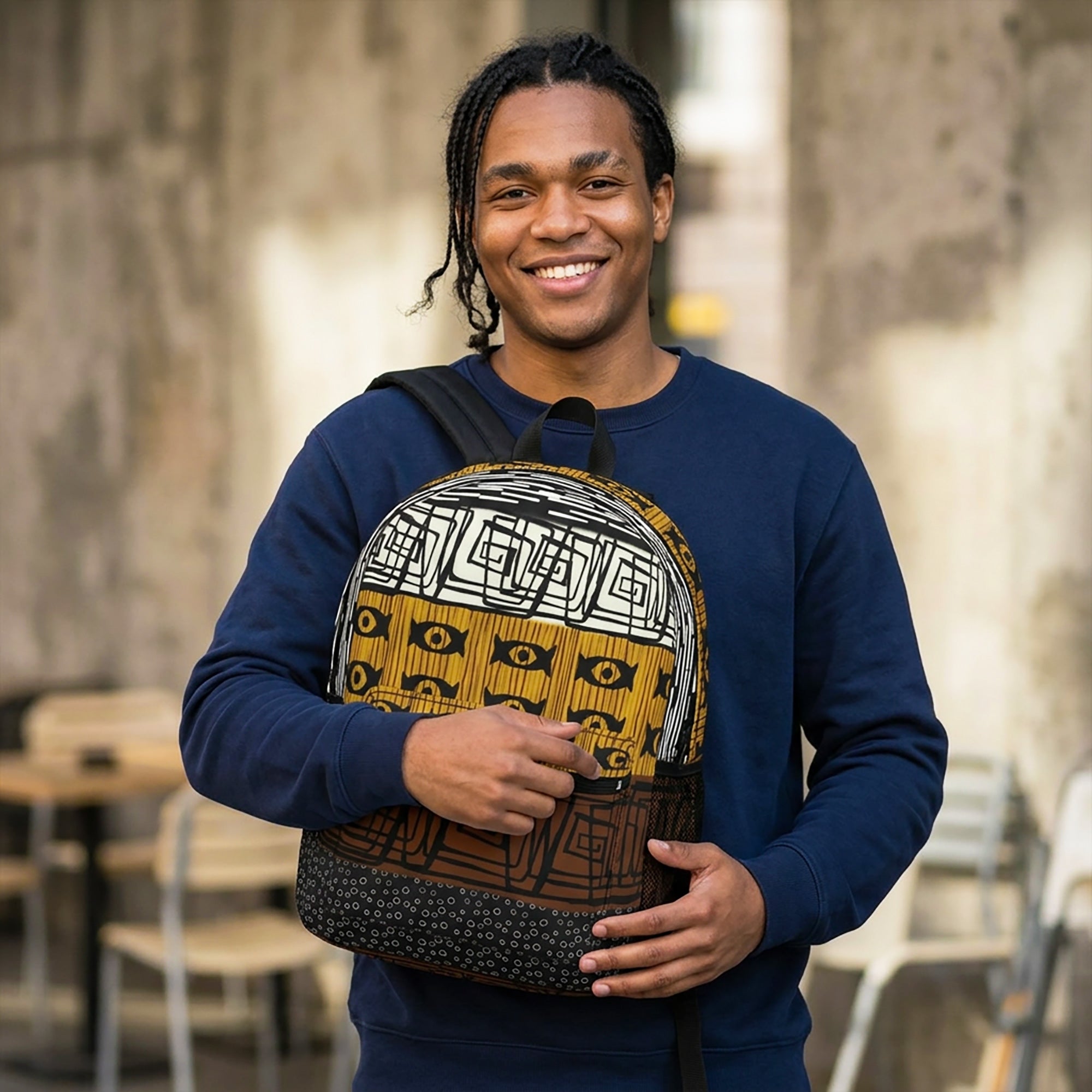 African Mud Cloth Backpack featuring traditional Bogolan tribal patterns. Stylish Afrocentric laptop and travel backpack inspired by authentic African heritage.