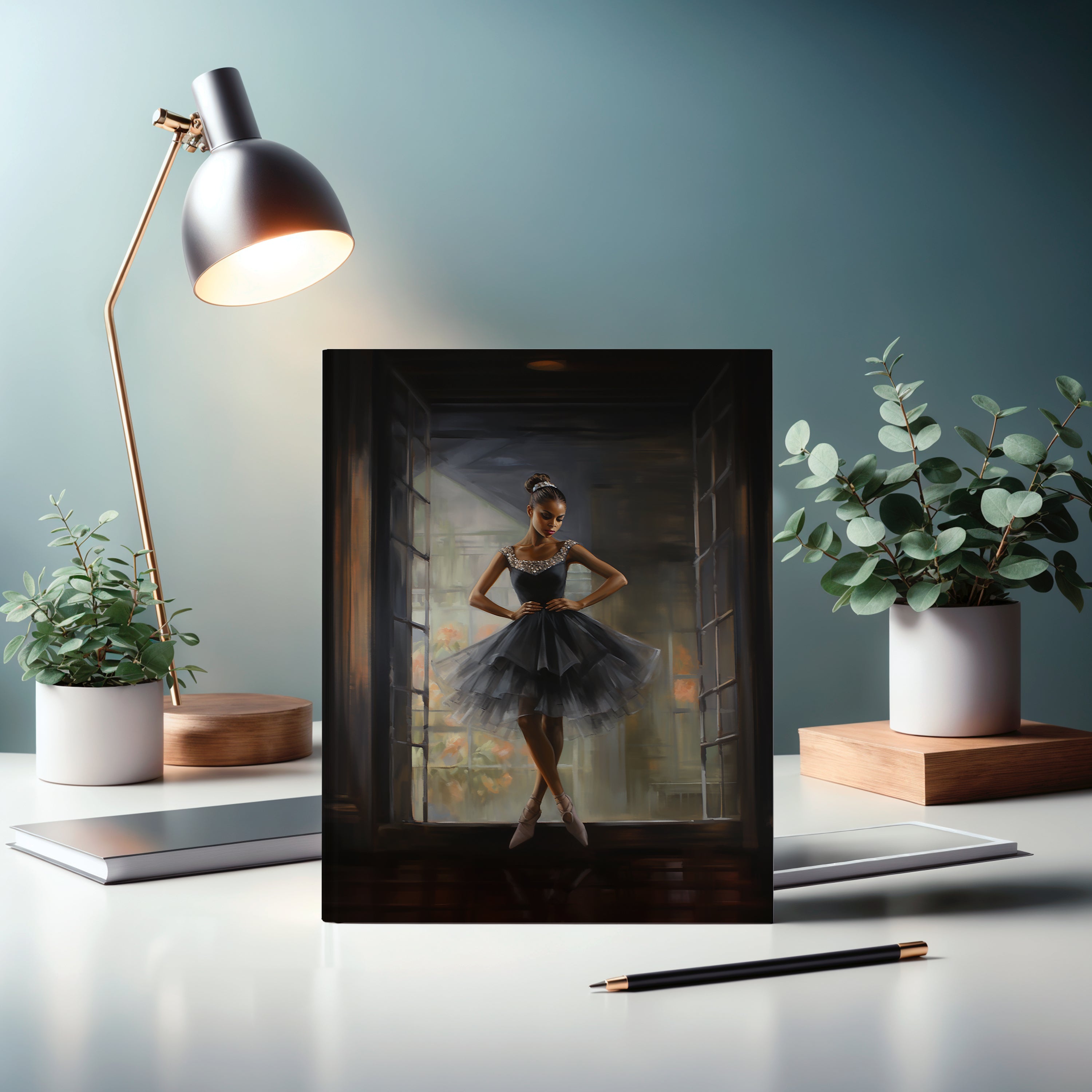 Black Girl Ballerina Journal featuring a graceful ballerina dance pose. Perfect for journaling goals, dance sketches, and choreography notes. A great gift for ballet students, teachers, and dance lovers.