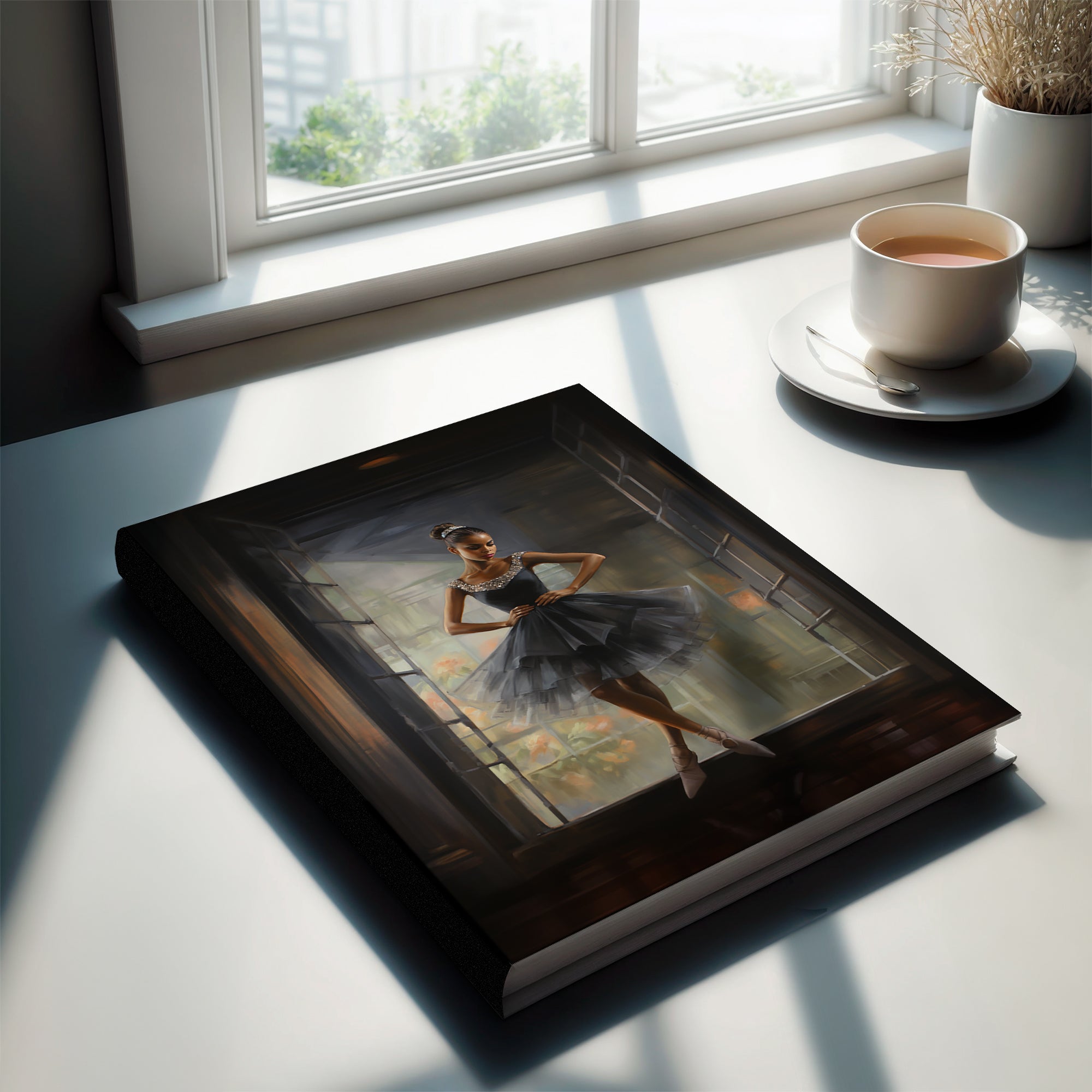 Black Girl Ballerina Journal featuring a graceful ballerina dance pose. Perfect for journaling goals, dance sketches, and choreography notes. A great gift for ballet students, teachers, and dance lovers.