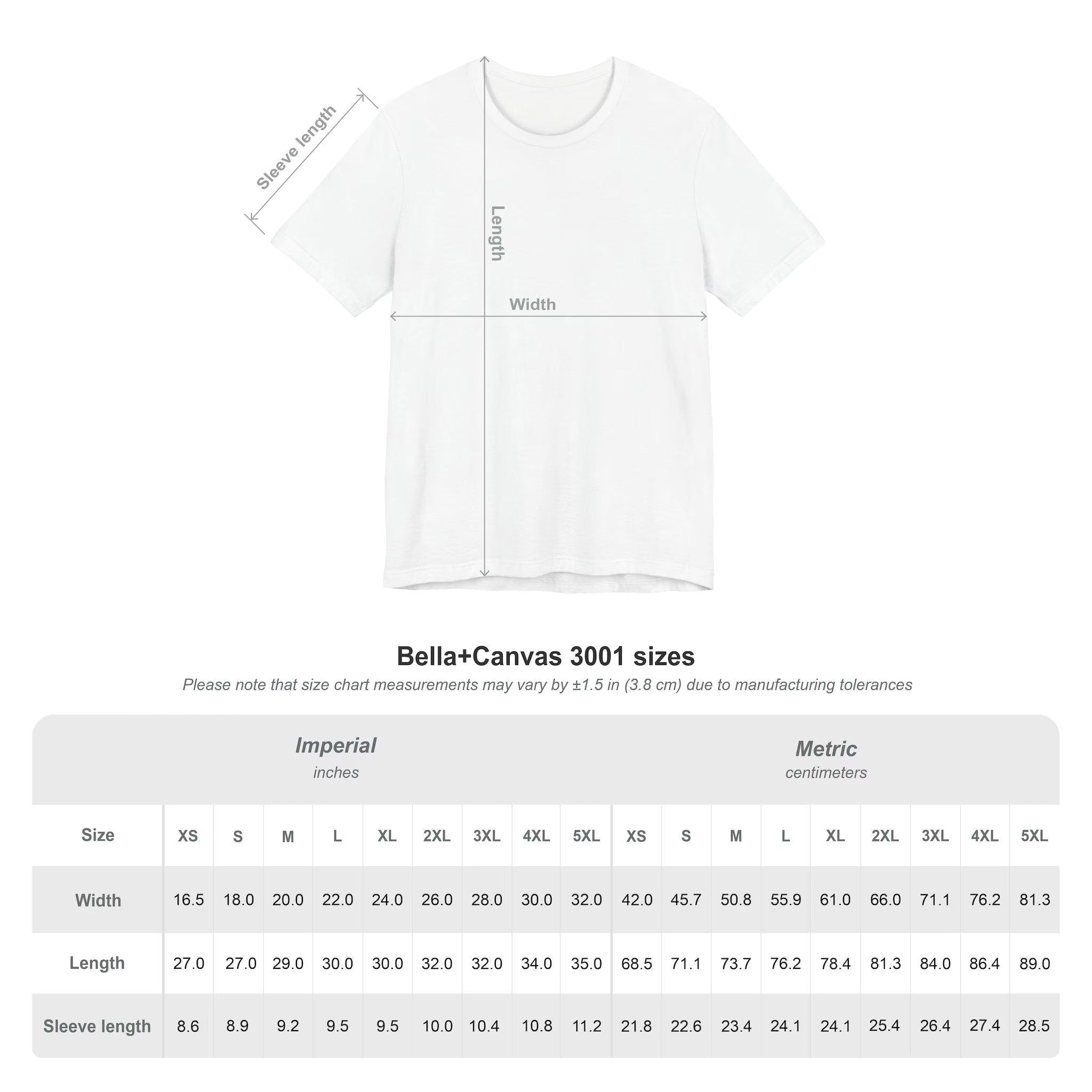 Bella+Canvas 3001 Female Tee Shirt Sizes
Chart