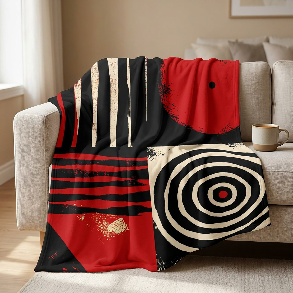 Afrocentric geometric art throw blanket featuring bold black, red, gold, cream, and neutral abstract patterns with circles, spirals, grids, and textured African-inspired geometric shapes, draped over a creme sofa.