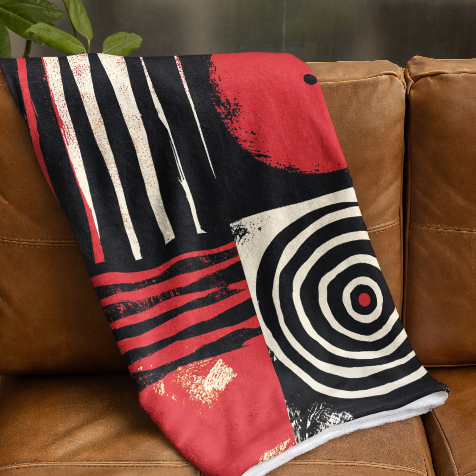 Folded view of Afrocentric geometric art throw blanket featuring bold black, red, gold, cream, and neutral abstract patterns with circles, spirals, grids, and textured African-inspired geometric shapes, draped over the back of a sable brown sofa.