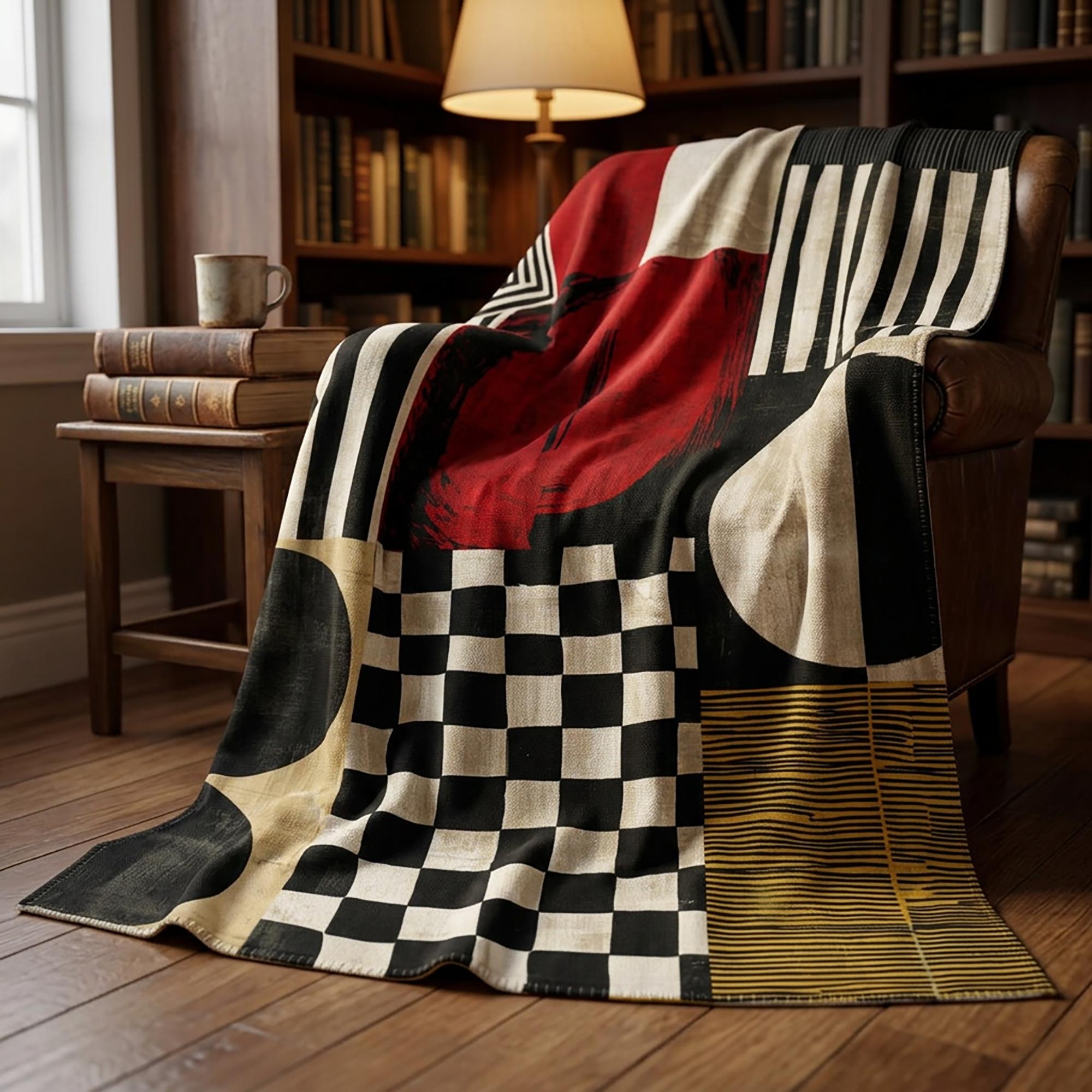 A large woven throw blanket with a bold abstract geometric pattern draped over a brown leather armchair in a cozy, warmly lit library setting.