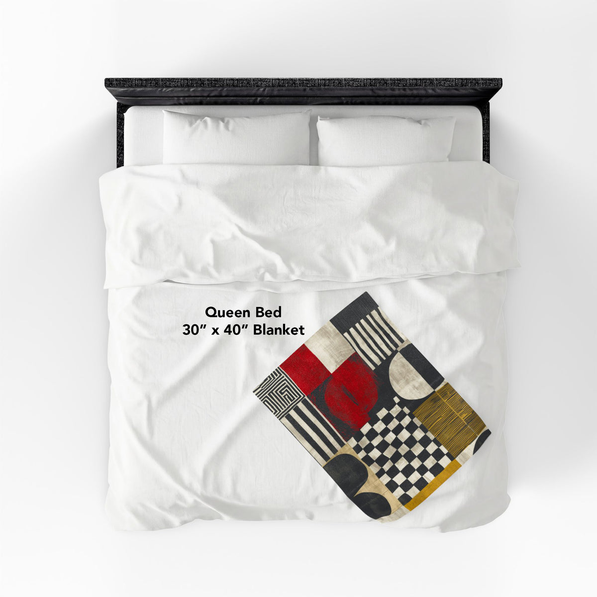Full view of 50" x 60" Afrocentric geometric art throw blanket featuring bold black, red, gold, cream, and neutral abstract patterns with circles, spirals, grids, and textured African-inspired geometric shapes, laying over a queen size bed with white bed linen.