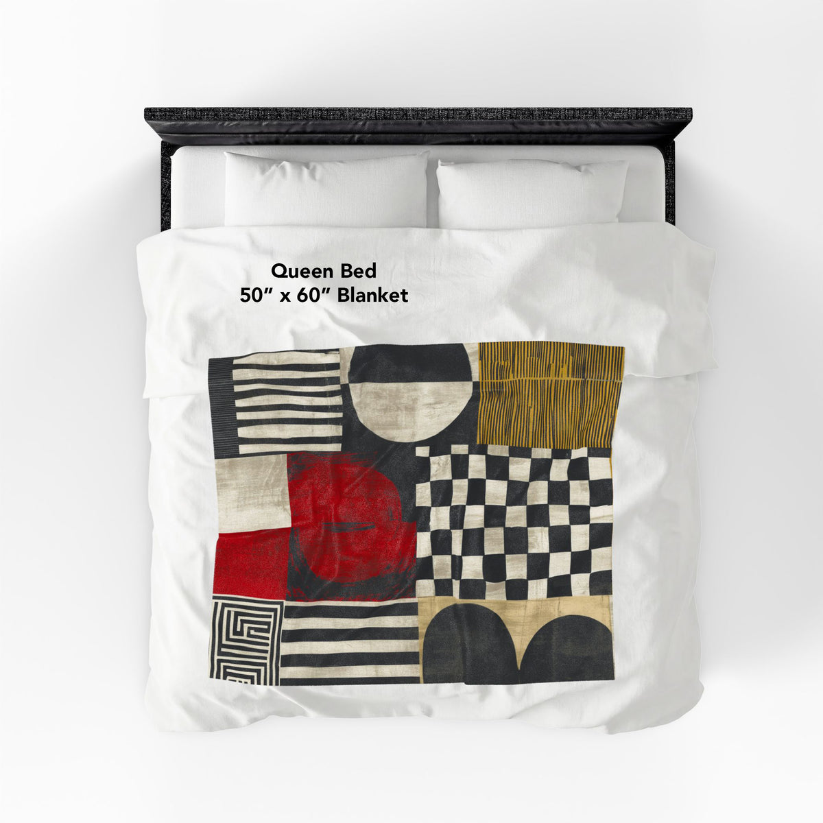 Full view of 50" x 60" Afrocentric geometric art throw blanket featuring bold black, red, gold, cream, and neutral abstract patterns with circles, spirals, grids, and textured African-inspired geometric shapes, laying over a queen size bed with white bed linen.