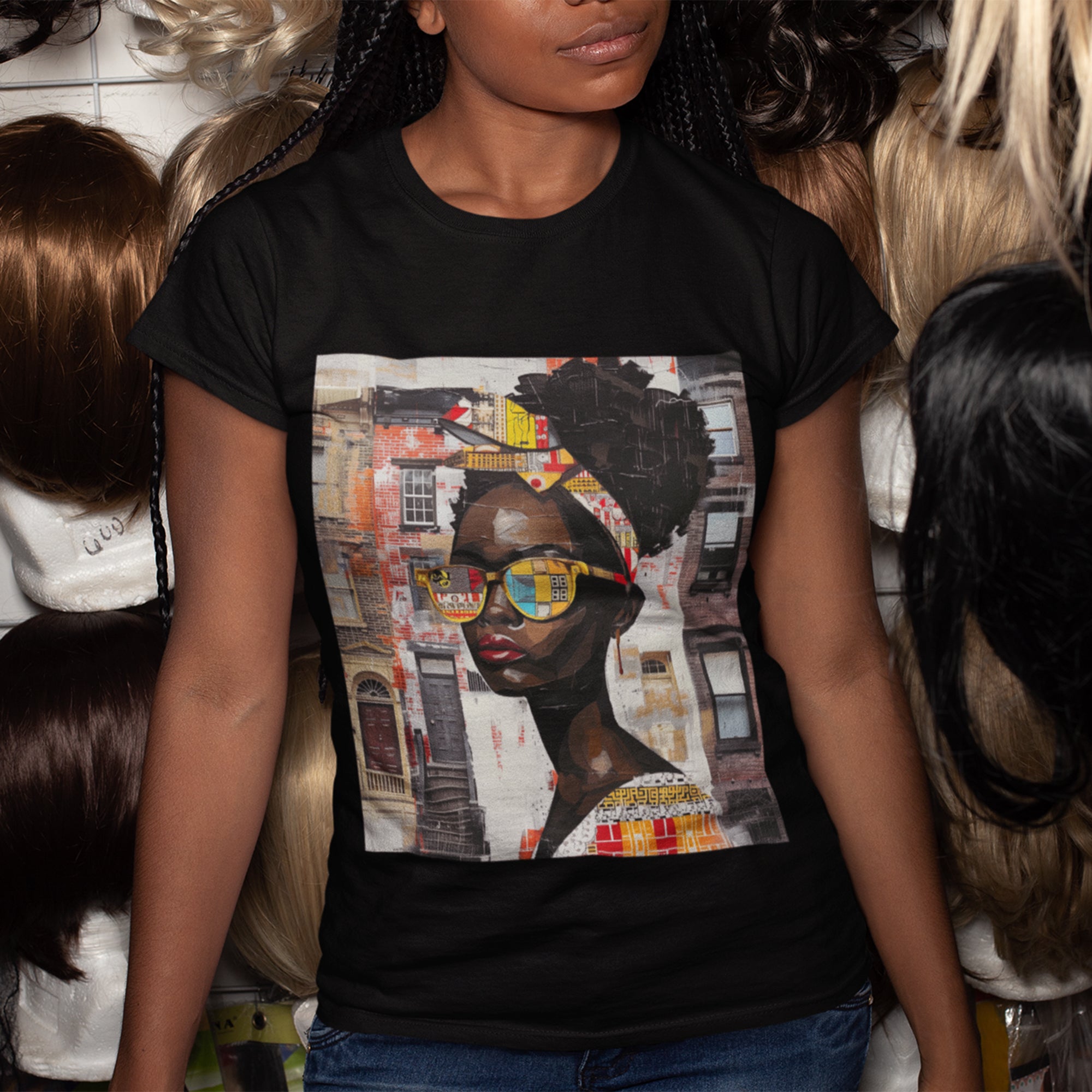 Abstract graffiti-style Boss Babe Kendra T-shirt featuring a confident Black woman wearing oversized colorful pop art sunglasses in front of iconic Harlem brownstones, creating a bold Afrocentric street art fashion design.