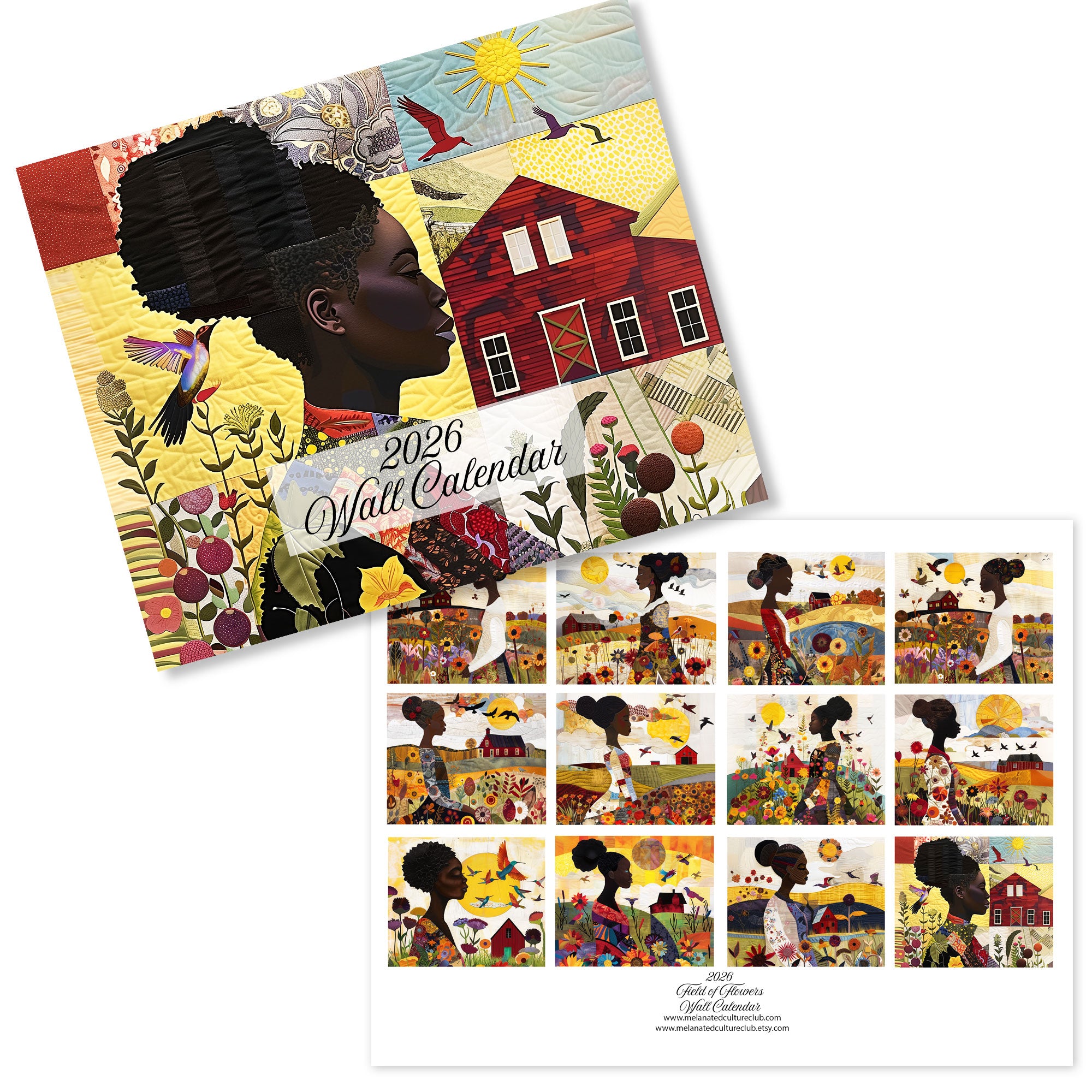 2026 Field of Flowers Wall Calendar featuring Afrocentric art of African American women in fields of wildflowers, created in a 3D quilt-like patchwork illustration style.