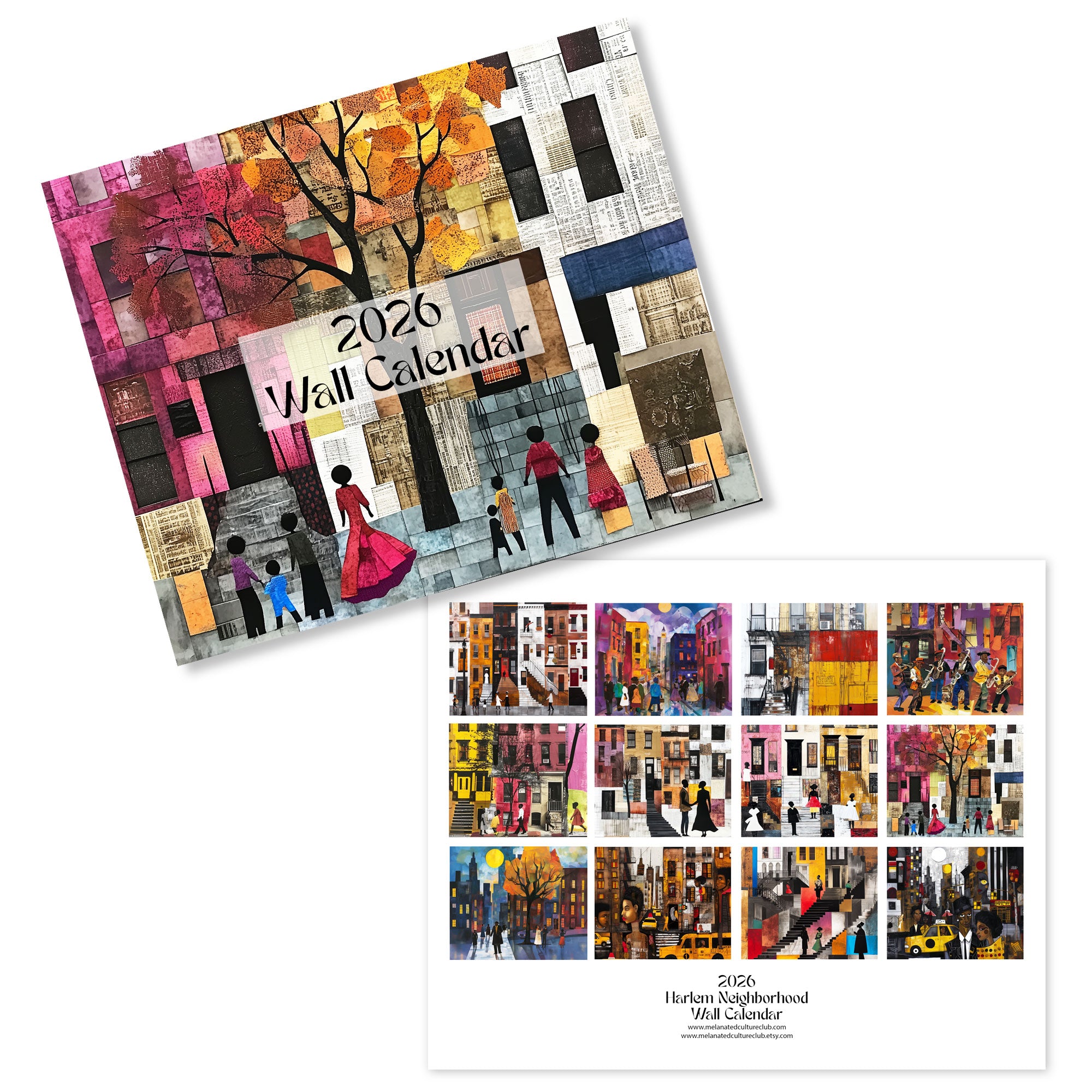 2026 Harlem Neighborhood Wall Calendar featuring African American lifestyle art. Afrocentric calendar with Harlem street life, cultural pride, and vibrant Black community representation—perfect for home or office décor.