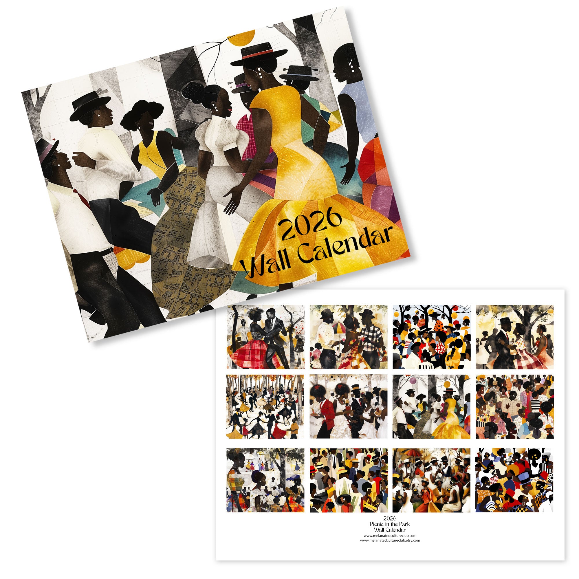 2026 Picnic in the Park Wall Calendar featuring African American lifestyle art. Afrocentric calendar with family reunion celebration, Black culture inspiration, and vibrant home décor.