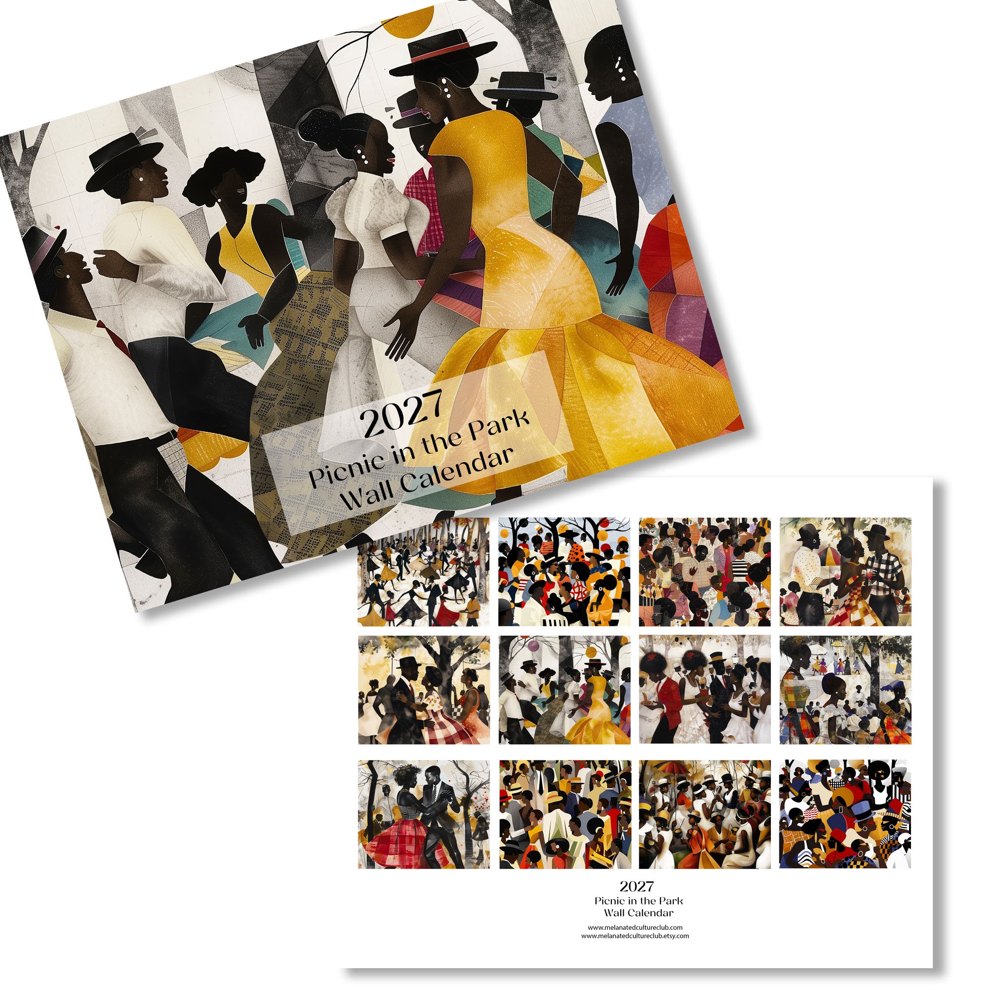 A 2027 'Picnic in the Park' wall calendar shown at an angle with its illustrated cover and a preview of the monthly grid pages below on a white background.
