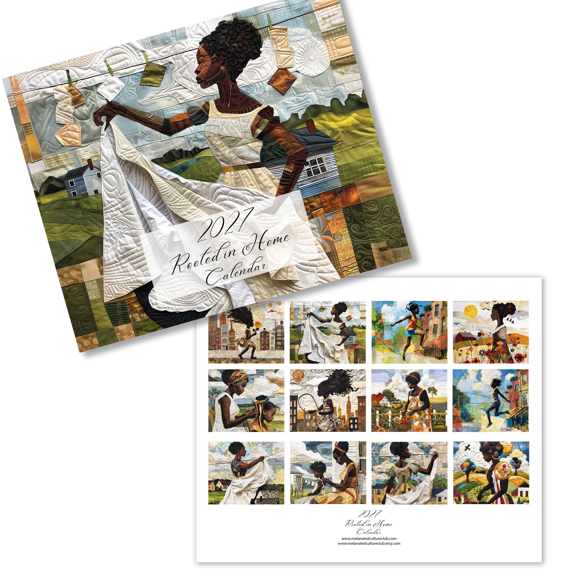 A 2027 'Rooted in Home' calendar shown in two views: a large front cover view featuring a quilted-style illustration of a Black woman hanging laundry, and a back view with a grid of the twelve months featuring domestic scenes. The product is shown on a clean white background.