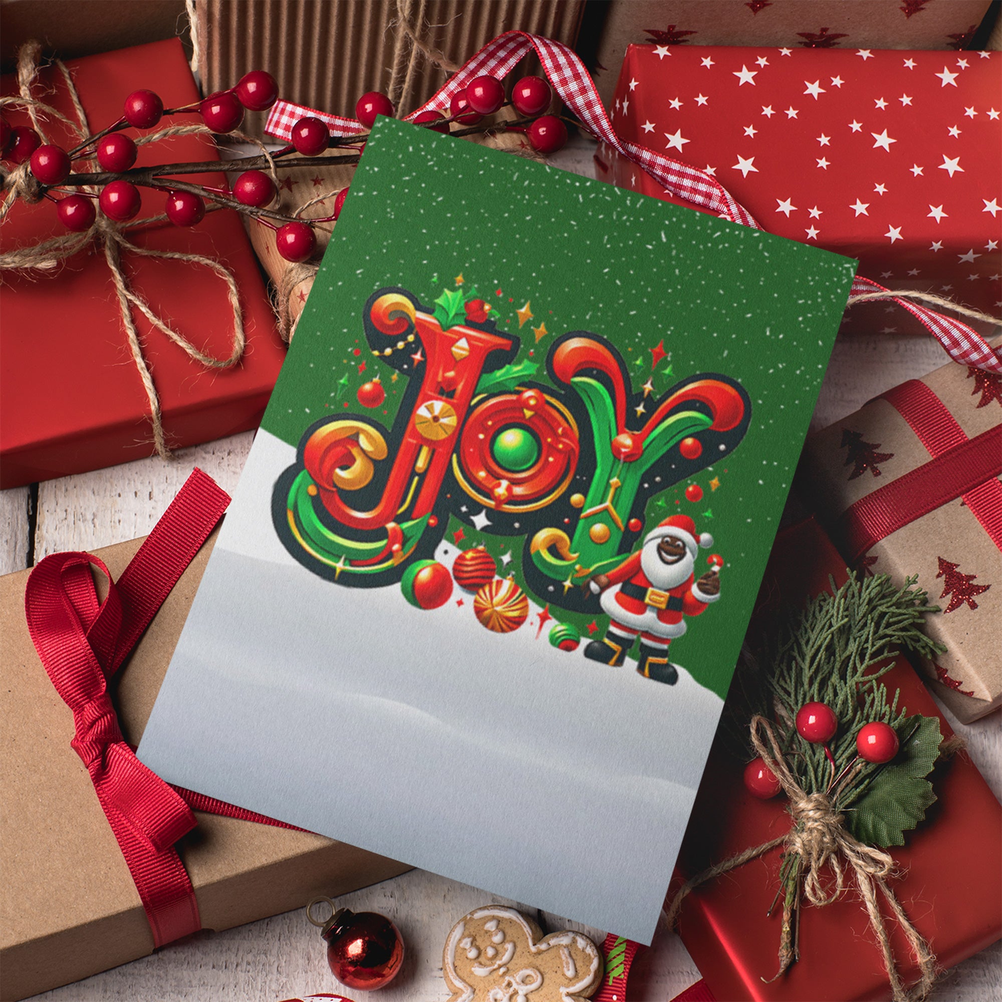 Black Santa Christmas Card featuring African American Santa Claus with the word “JOY,” Afrocentric holiday greeting card available as single or multipack with envelopes.