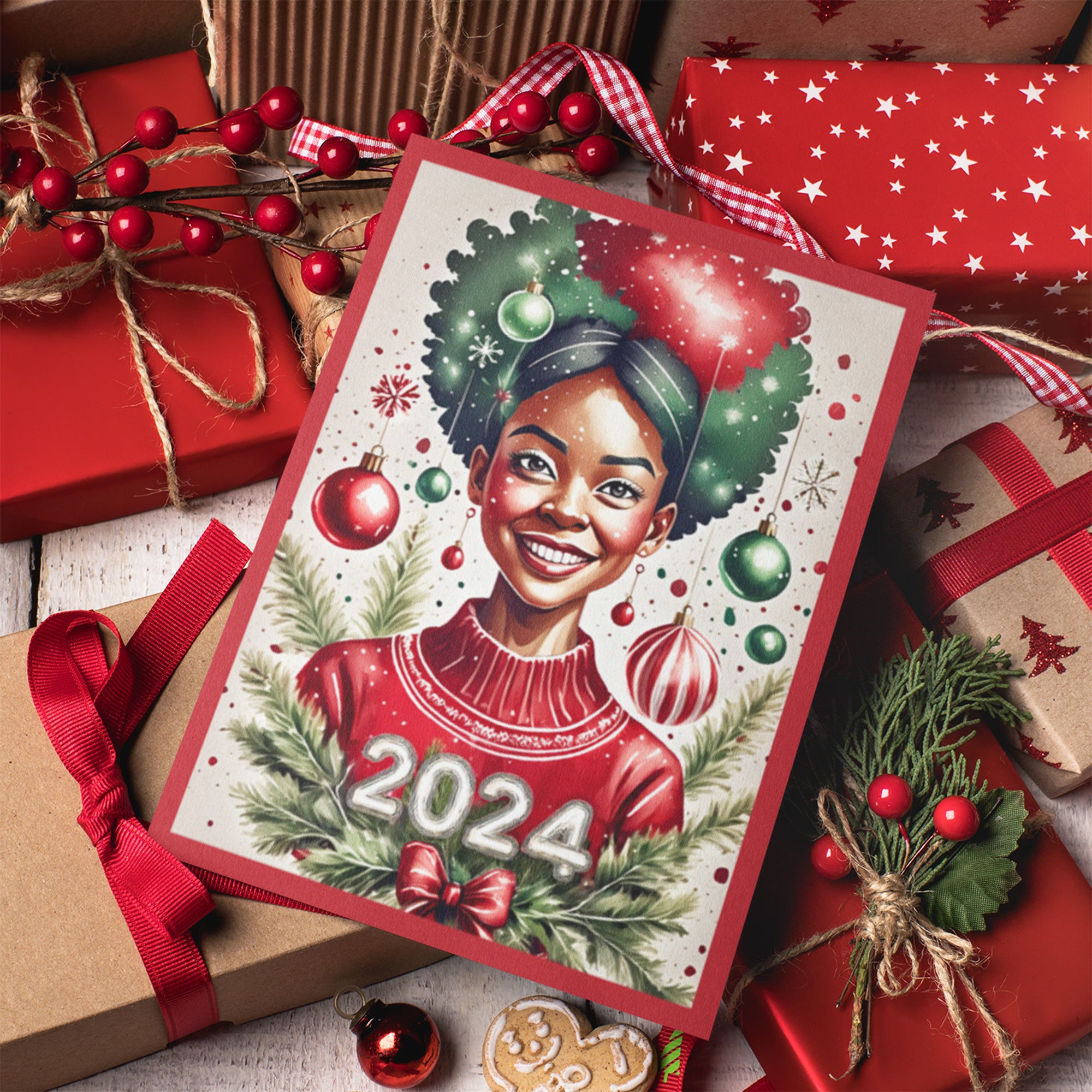 African American Christmas Card - with Year 2024