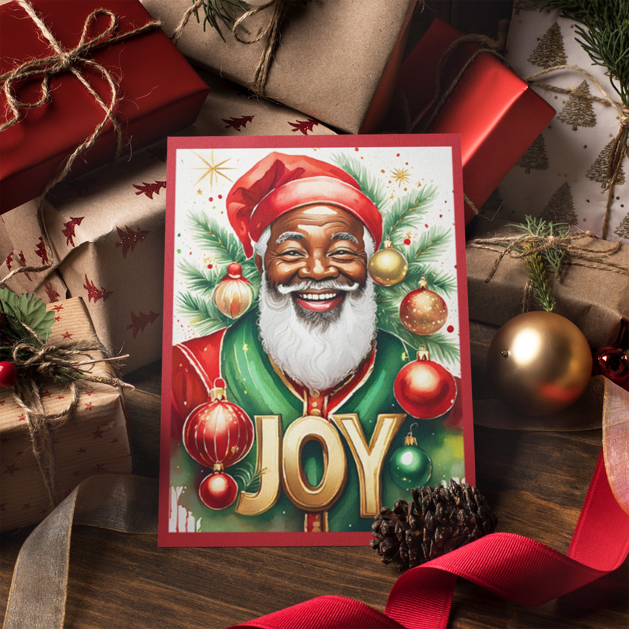 African American Santa Claus Christmas Card with the word Joy.